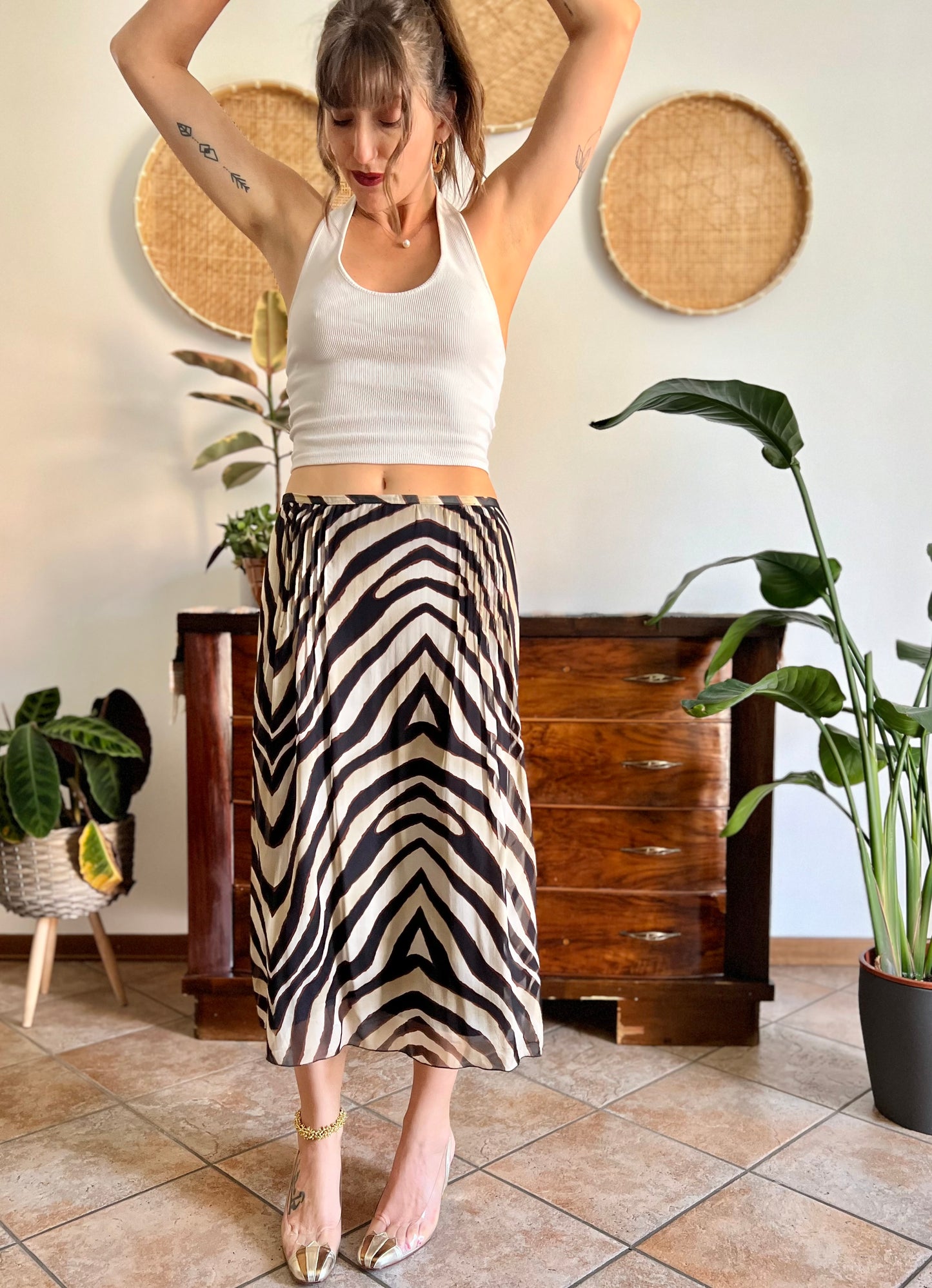 1990's vintage zebra print low waisted silk midi skirt