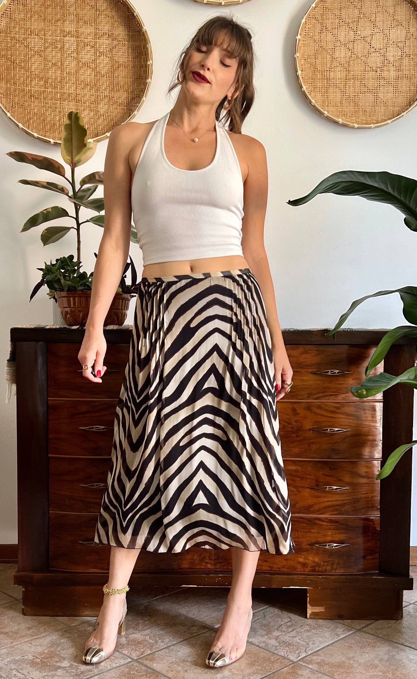 1990's vintage zebra print low waisted silk midi skirt