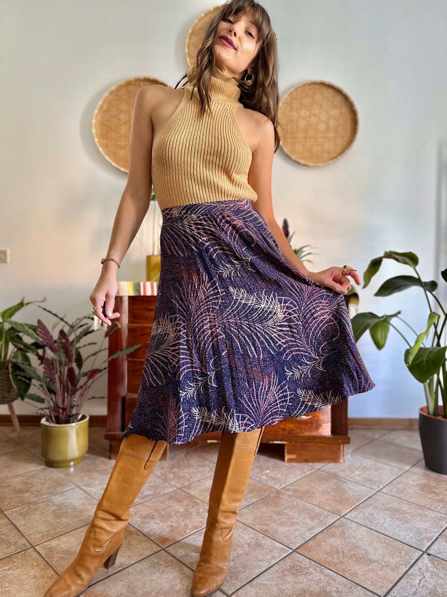1970's vintage navy blue silk skirt with pink and cream abstract print