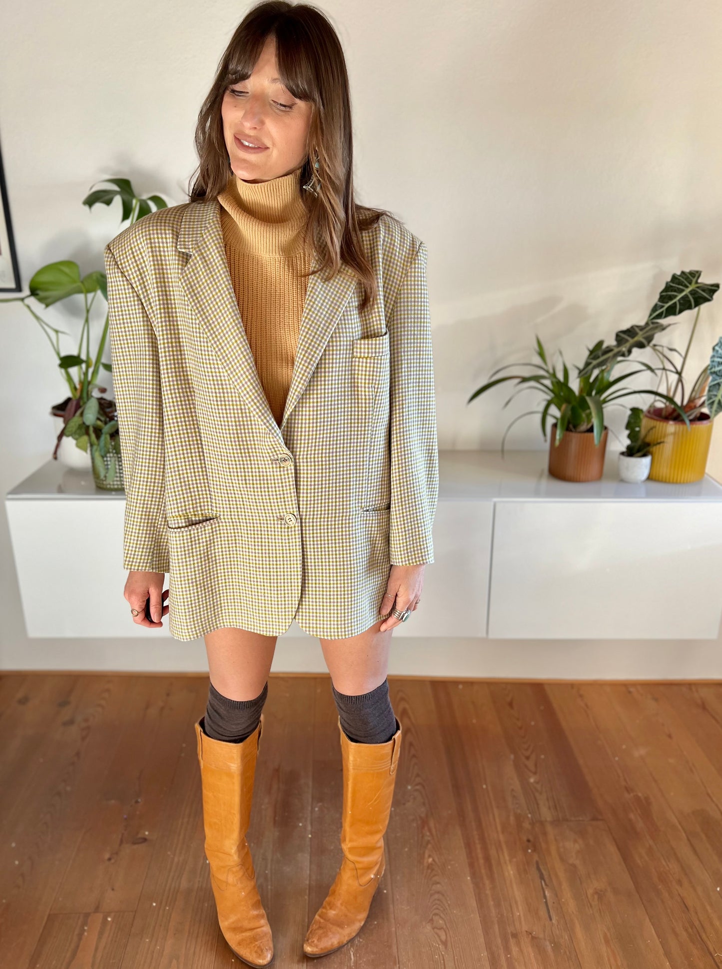 1970's vintage mint and pink oversize plaid wool blazer