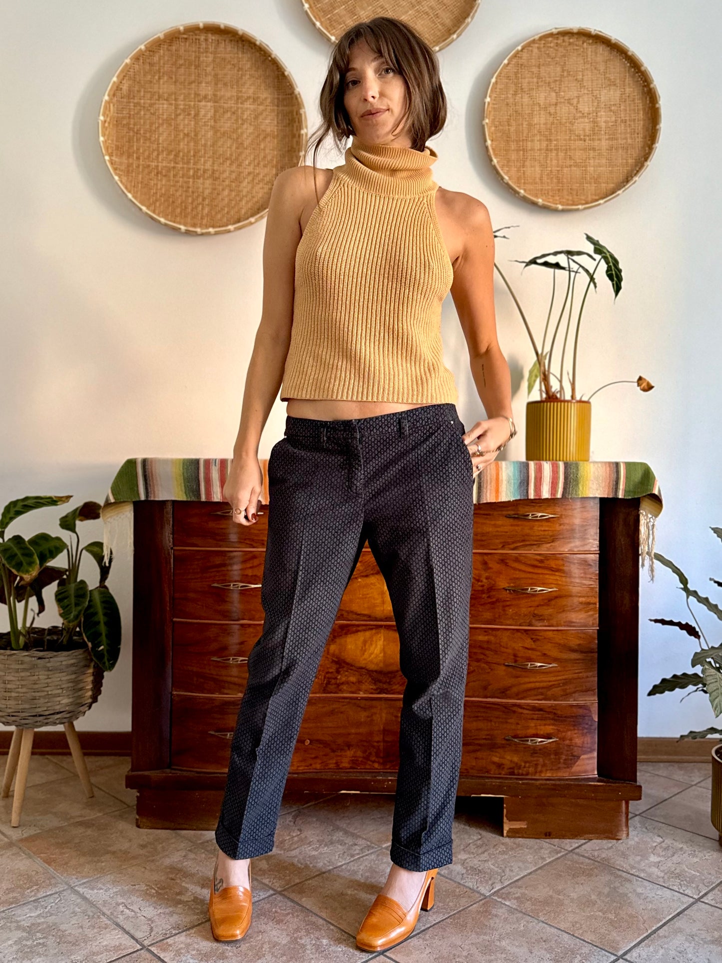 Y2k vintage black and light blue geometric print velvet trousers