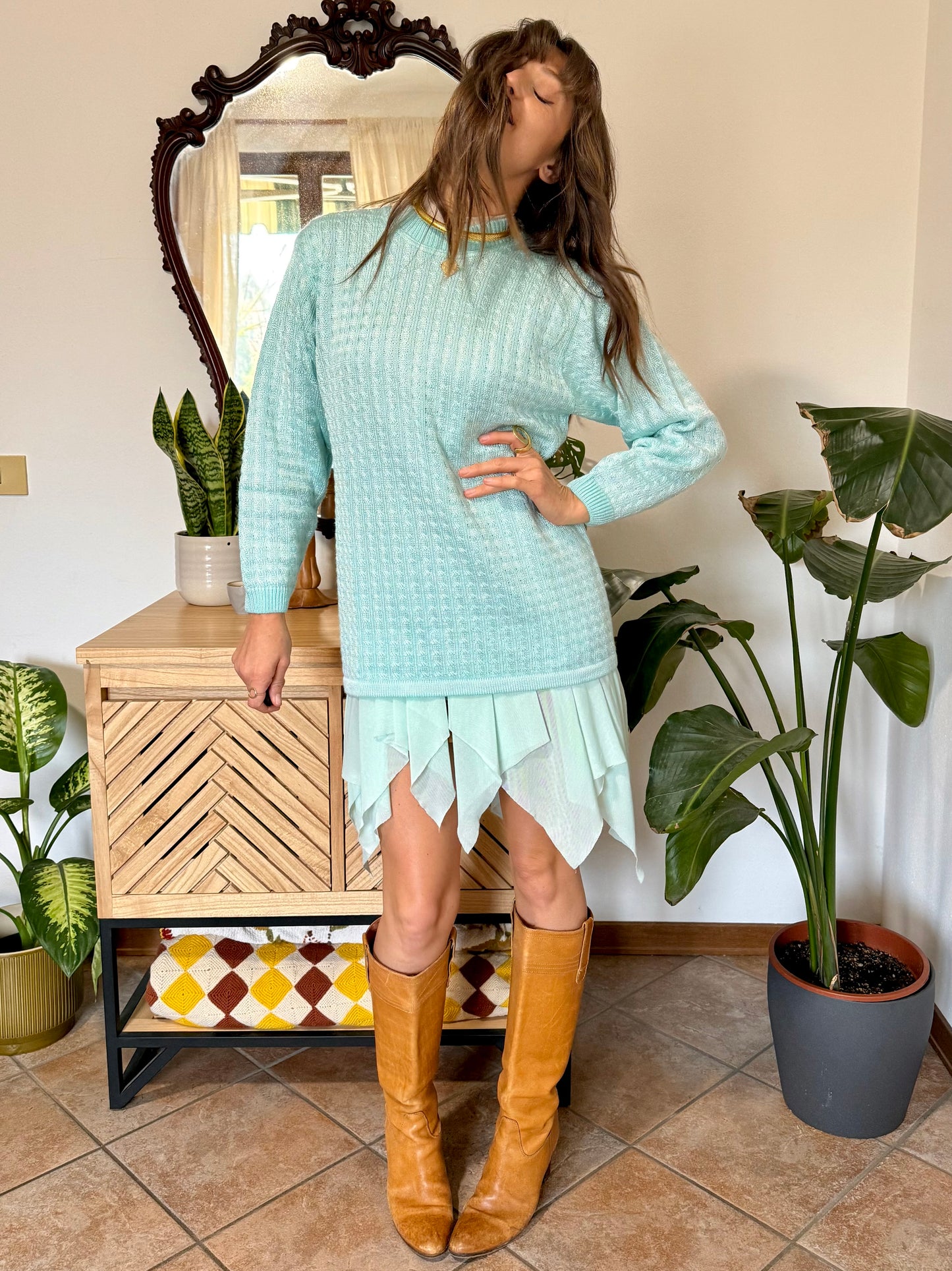 Y2k vintage light turquoise and silver wool blend cable knit pullover