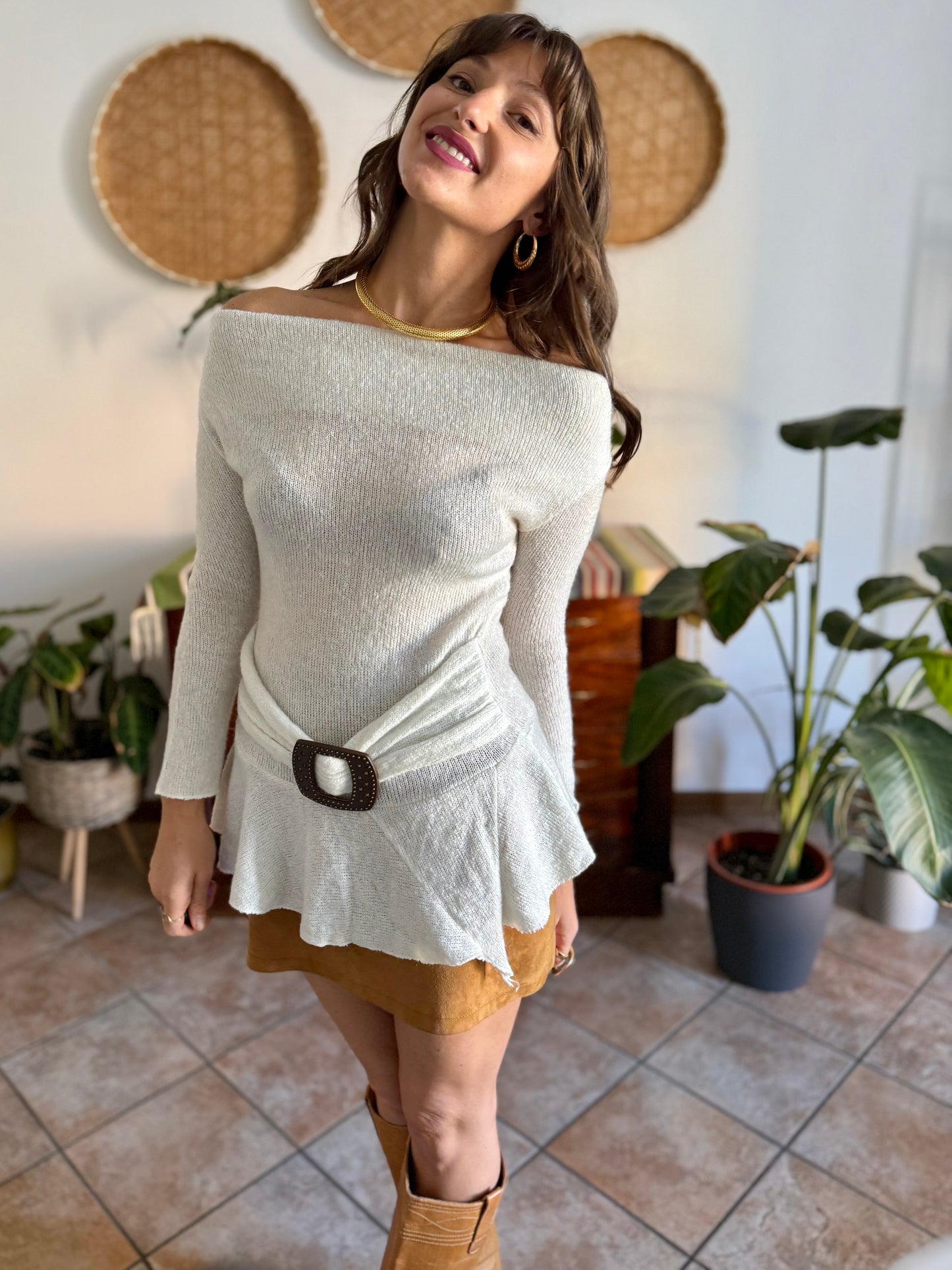 Y2K vintage asymmetrical cream mohair blend knit pullover with belt detail