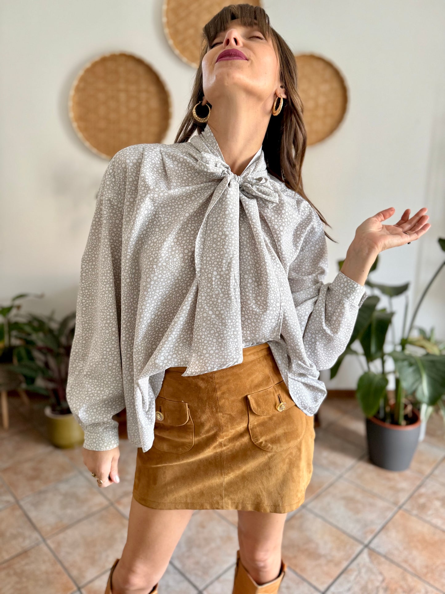 1970's vintage grey and white polkadot bow tie blouse
