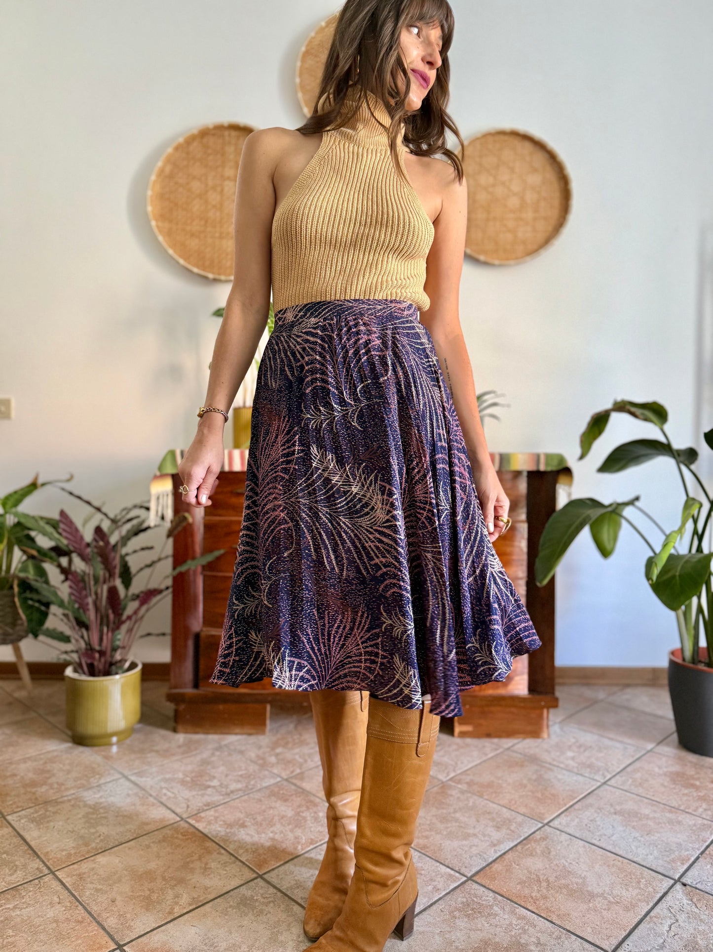 1970's vintage navy blue silk skirt with pink and cream abstract print