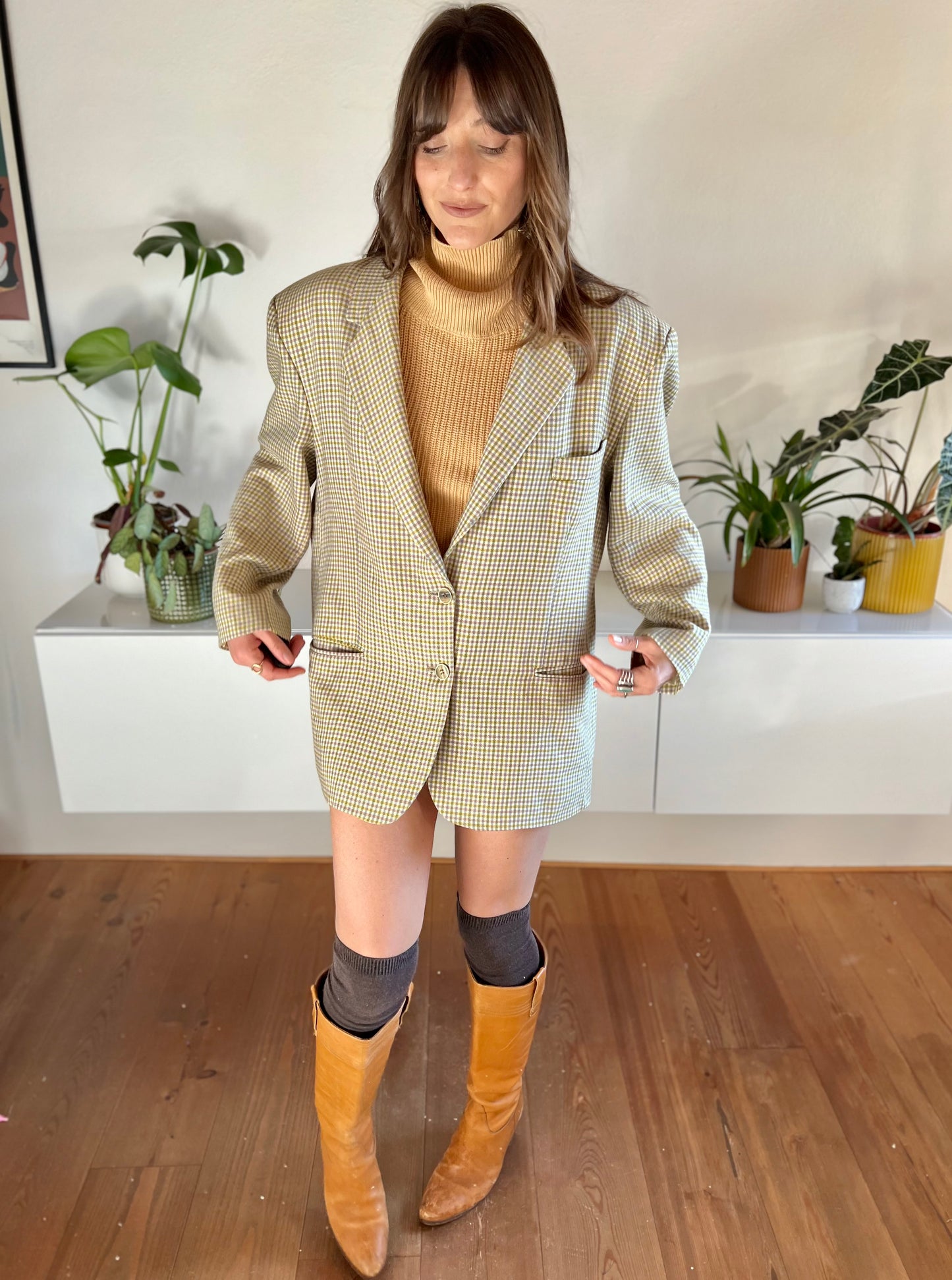 1970's vintage mint and pink oversize plaid wool blazer