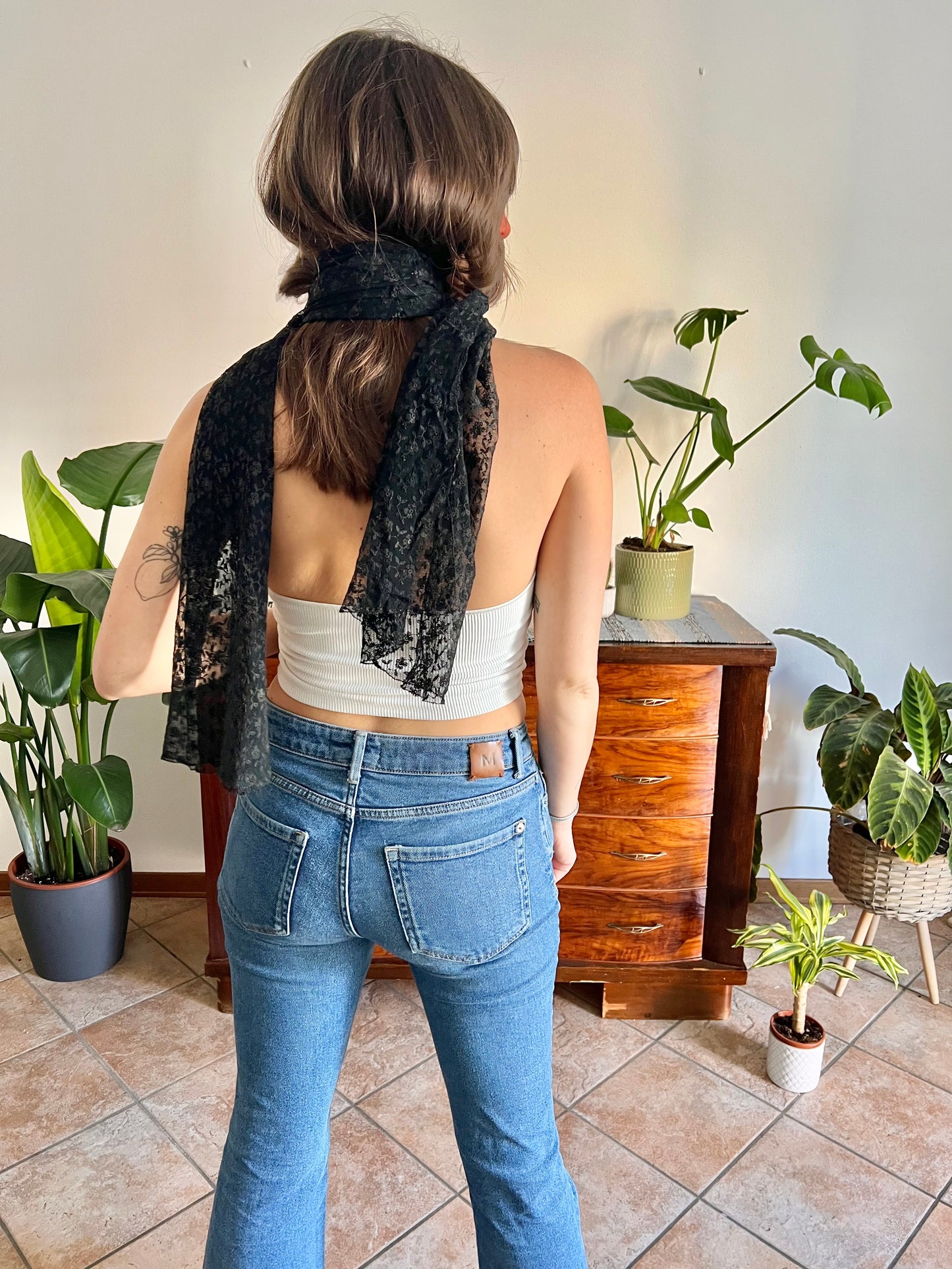1950's vintage hand made black lace scarf