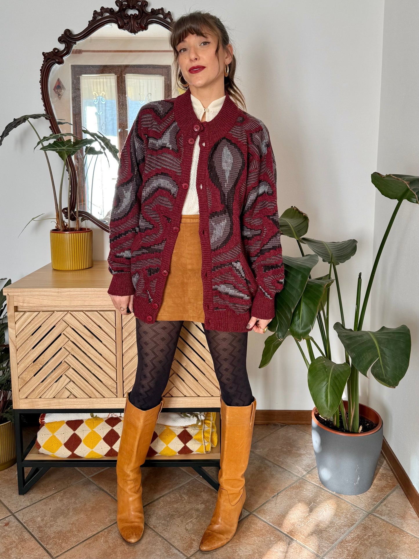 1970’s vintage burgundy, grey and black knit dress