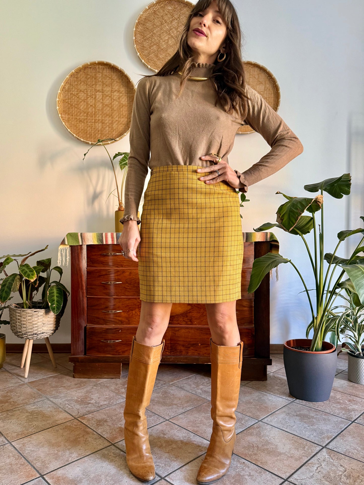 1970’s vintage mustard yellow and grey herringbone mini skirt
