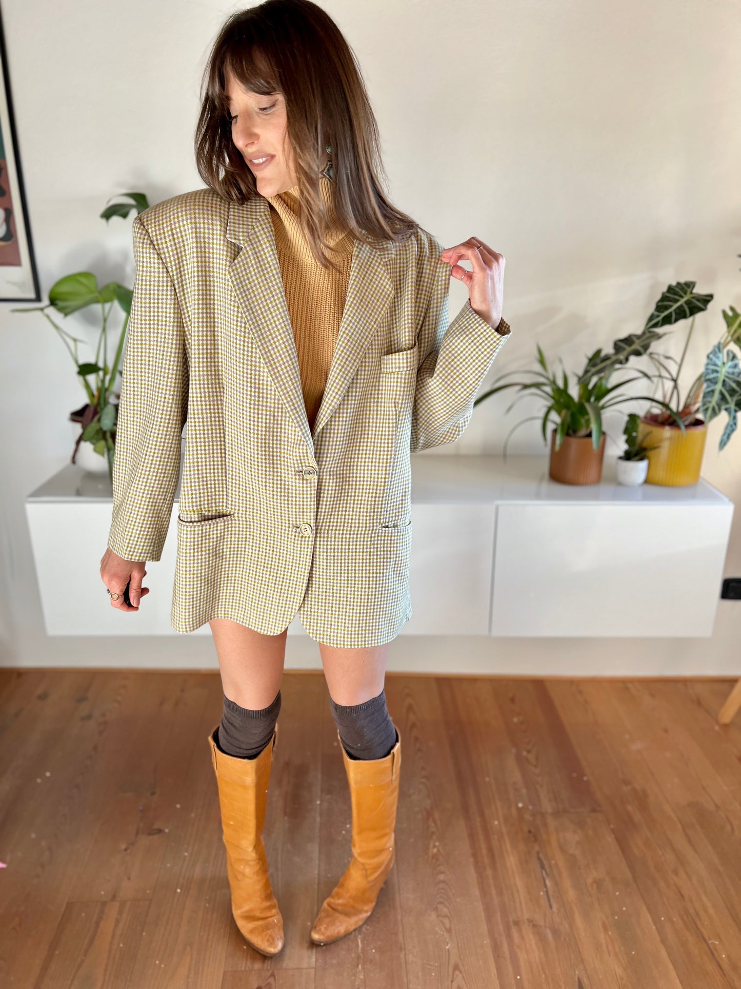 1970's vintage mint and pink oversize plaid wool blazer