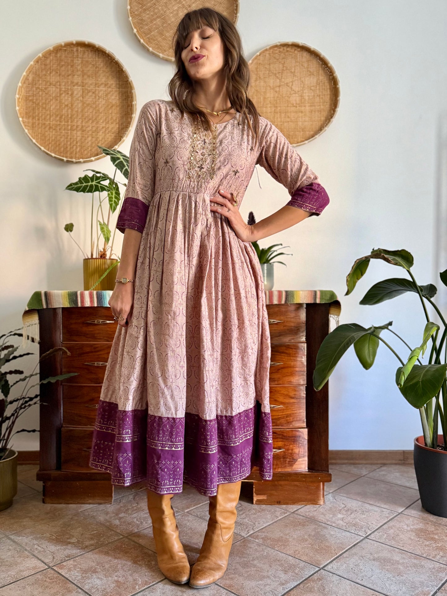 1970's vintage lilac midi dress with gold and purple geometric pattern and glass bead detailing