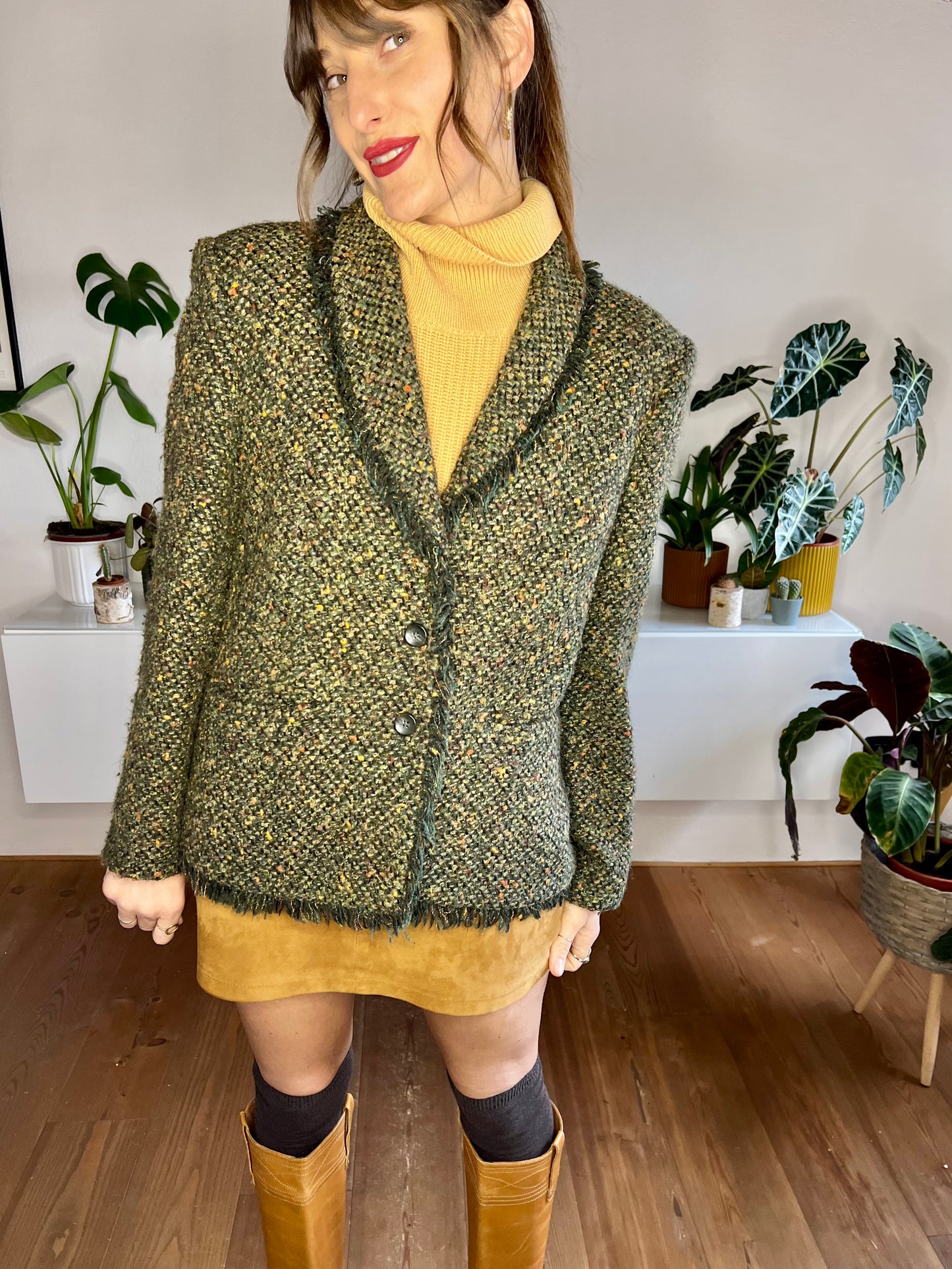 1970's vintage green wool blend green boucle blazer with fringe detail