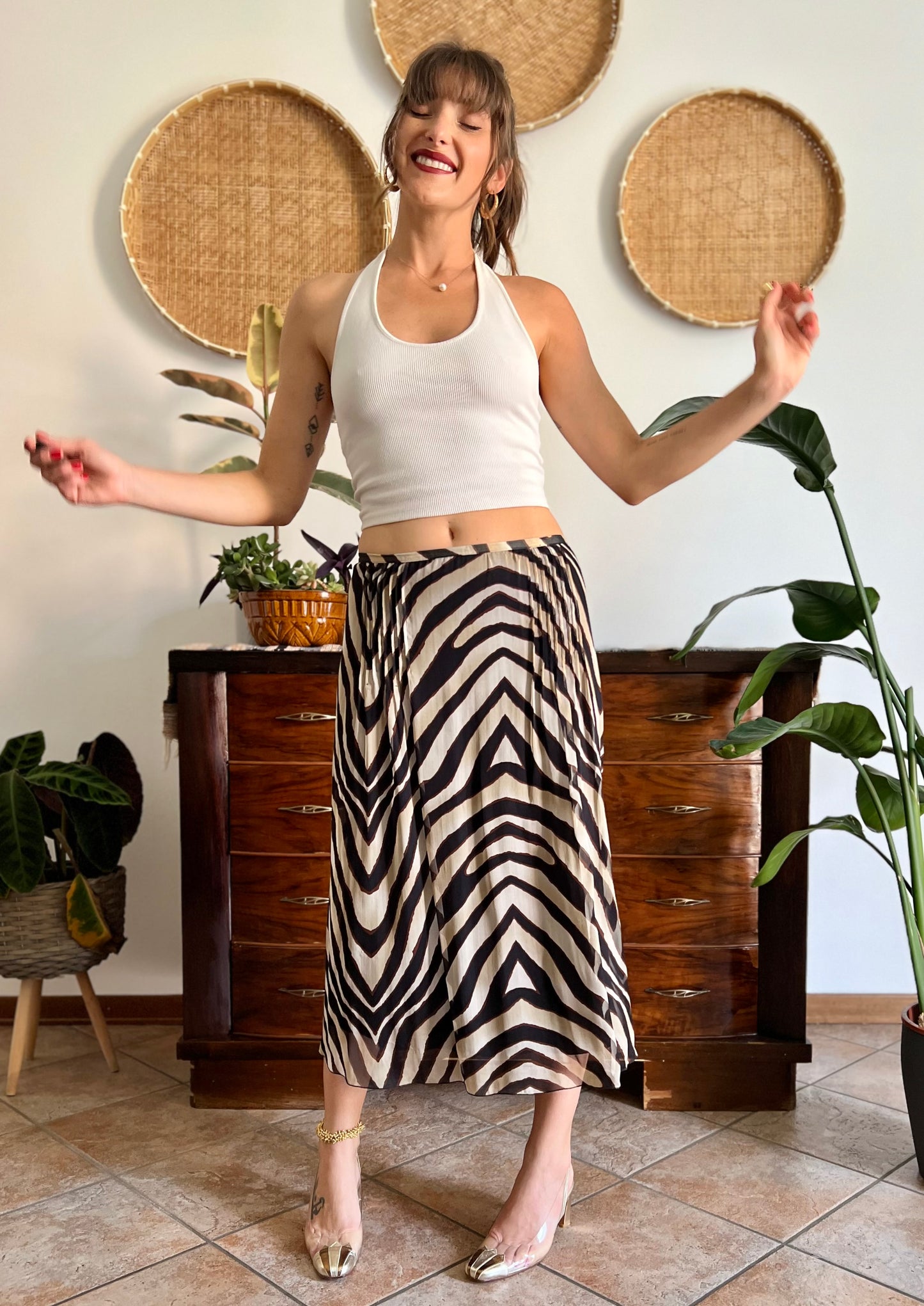 1990's vintage zebra print low waisted silk midi skirt