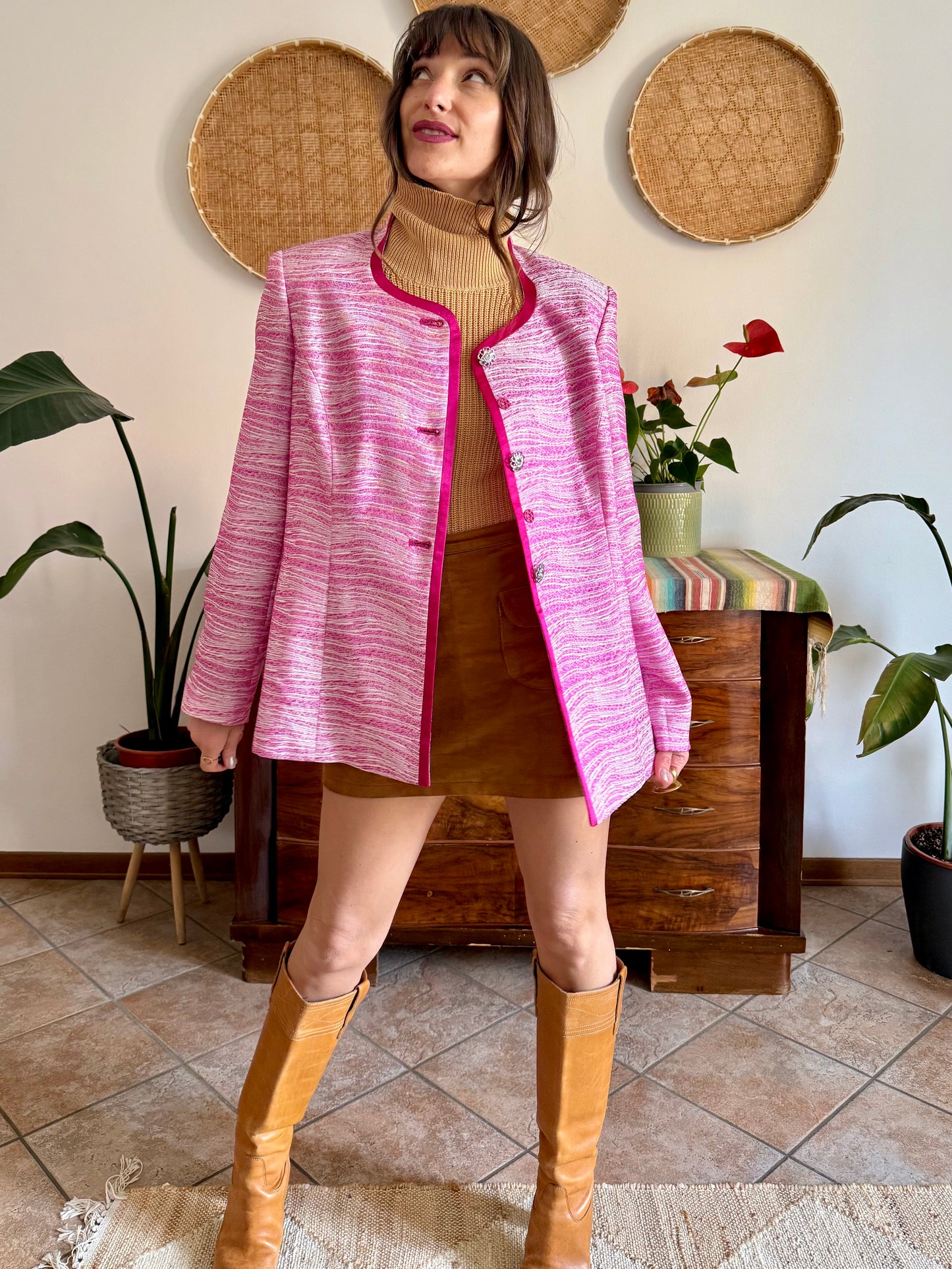 1980’s vintage fuchsia and cream textured woven jacket with rhinestones stone buttons