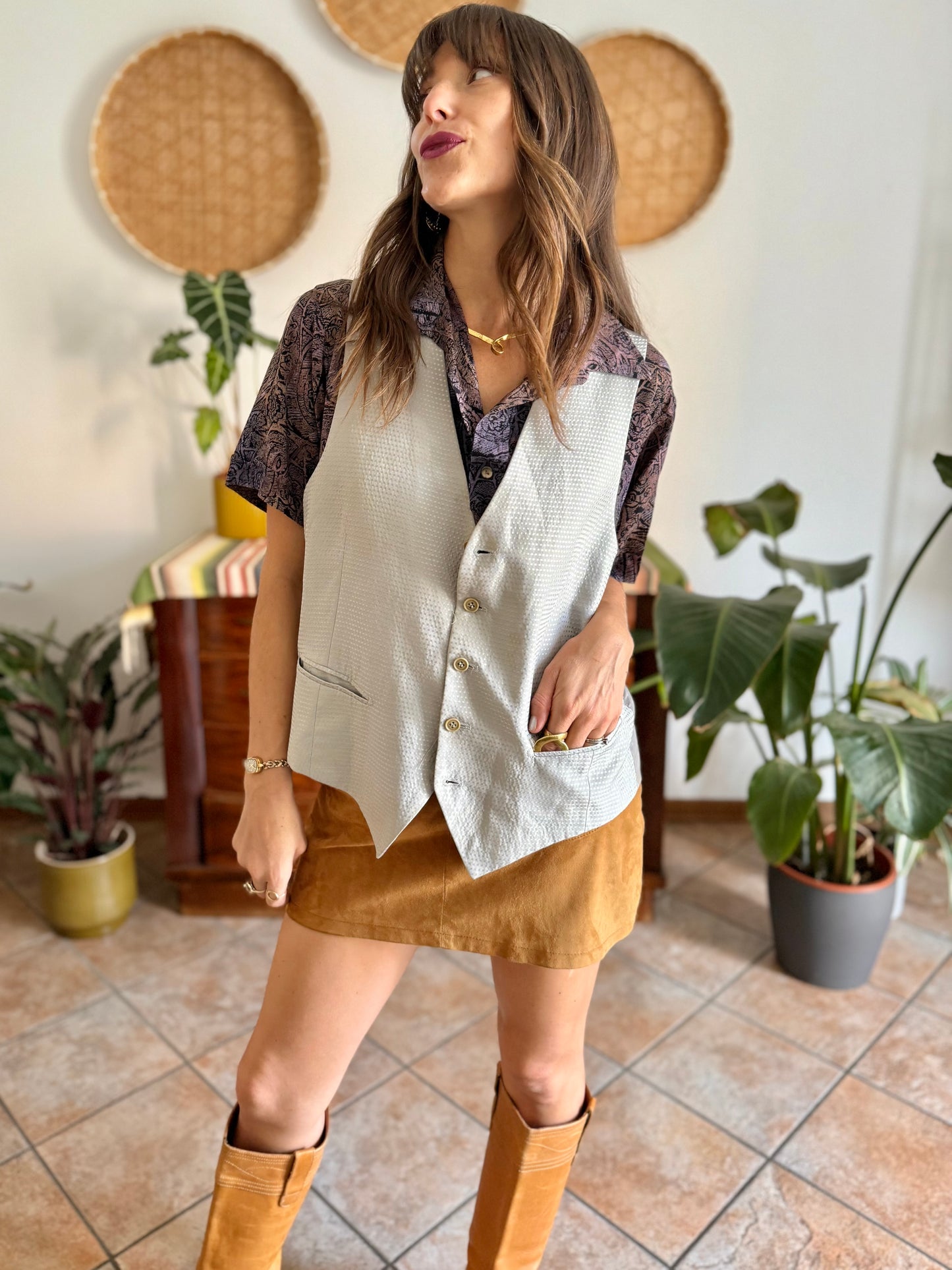 1970's vintage oversize square silver texture vest