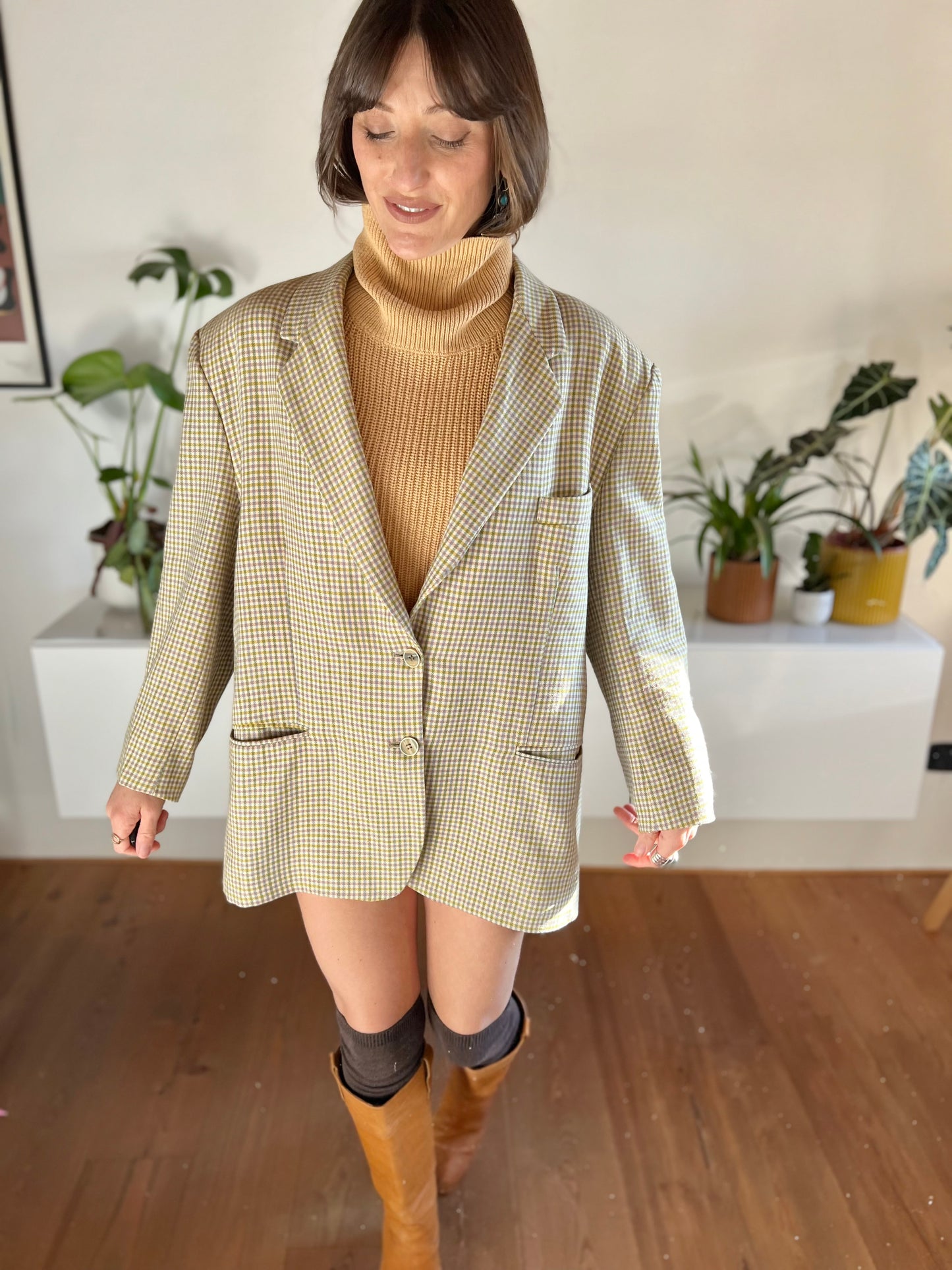 1970's vintage mint and pink oversize plaid wool blazer