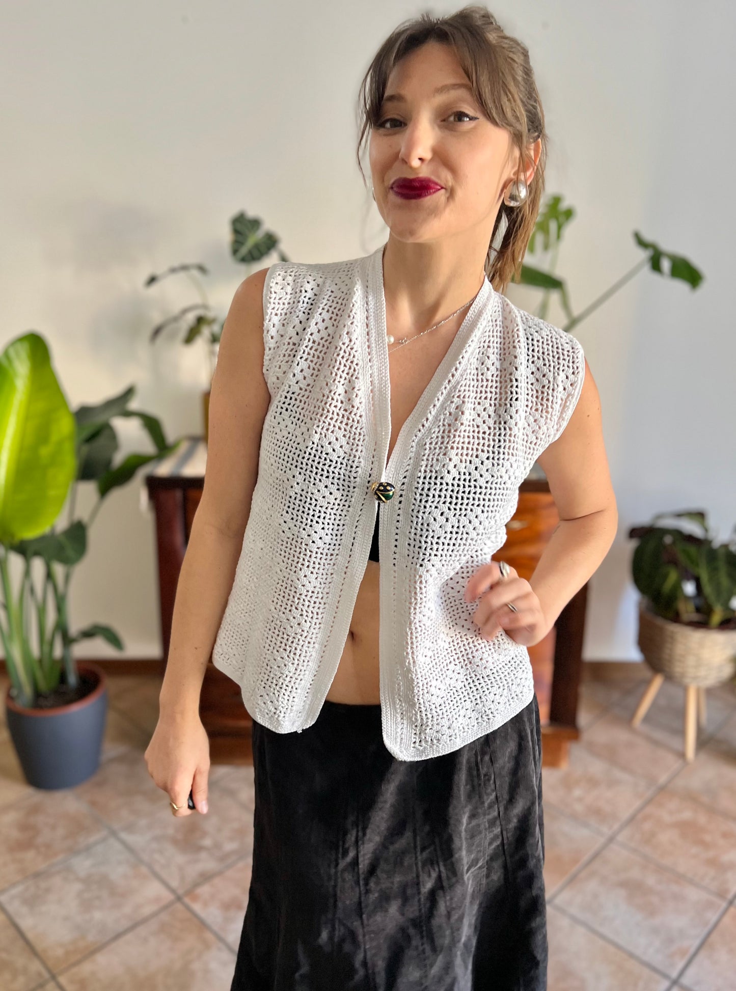 1970's vintage hand crocheted white vest with blue and green lady bug pin closure
