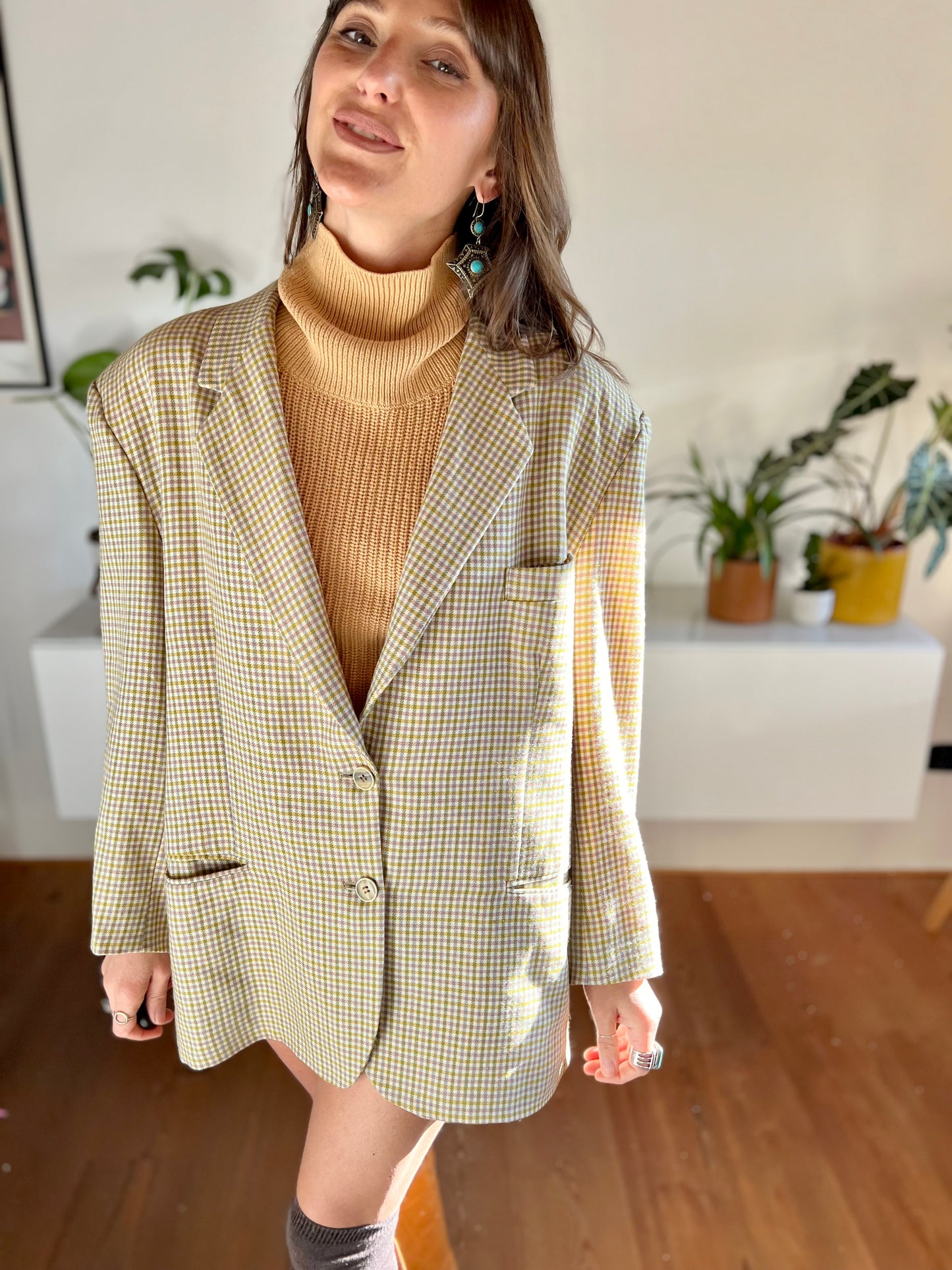 1970's vintage mint and pink oversize plaid wool blazer