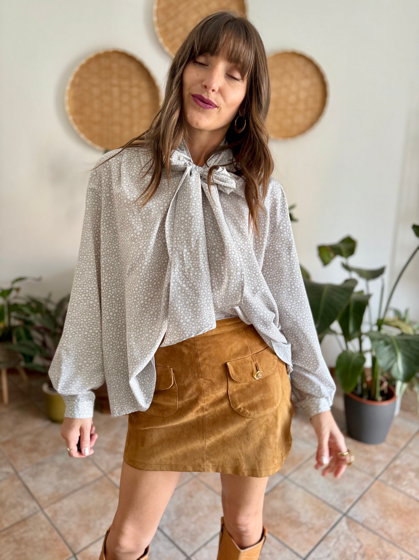 1970's vintage grey and white polkadot bow tie blouse