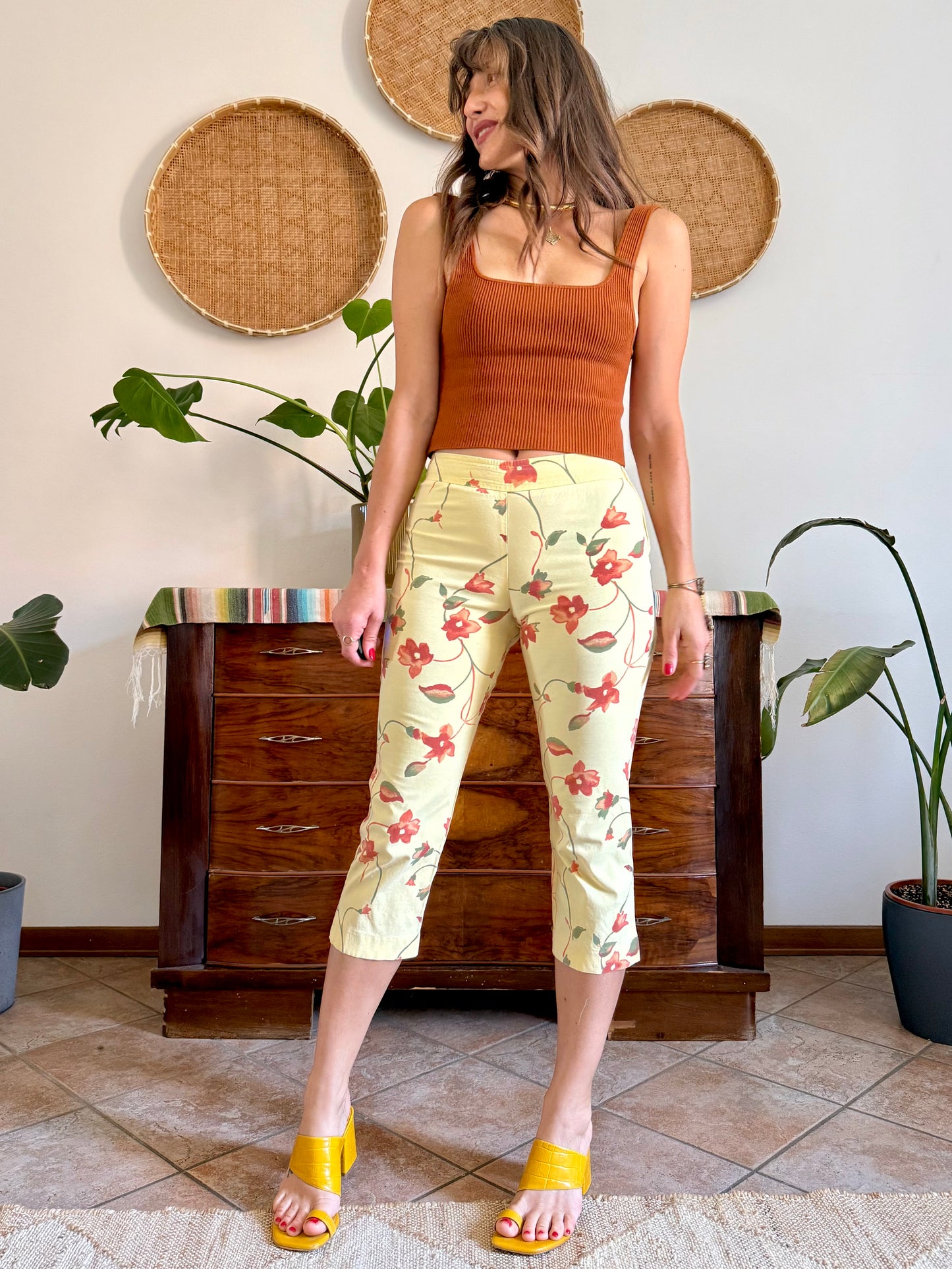 1990's vintage yellow and orange floral capri pants