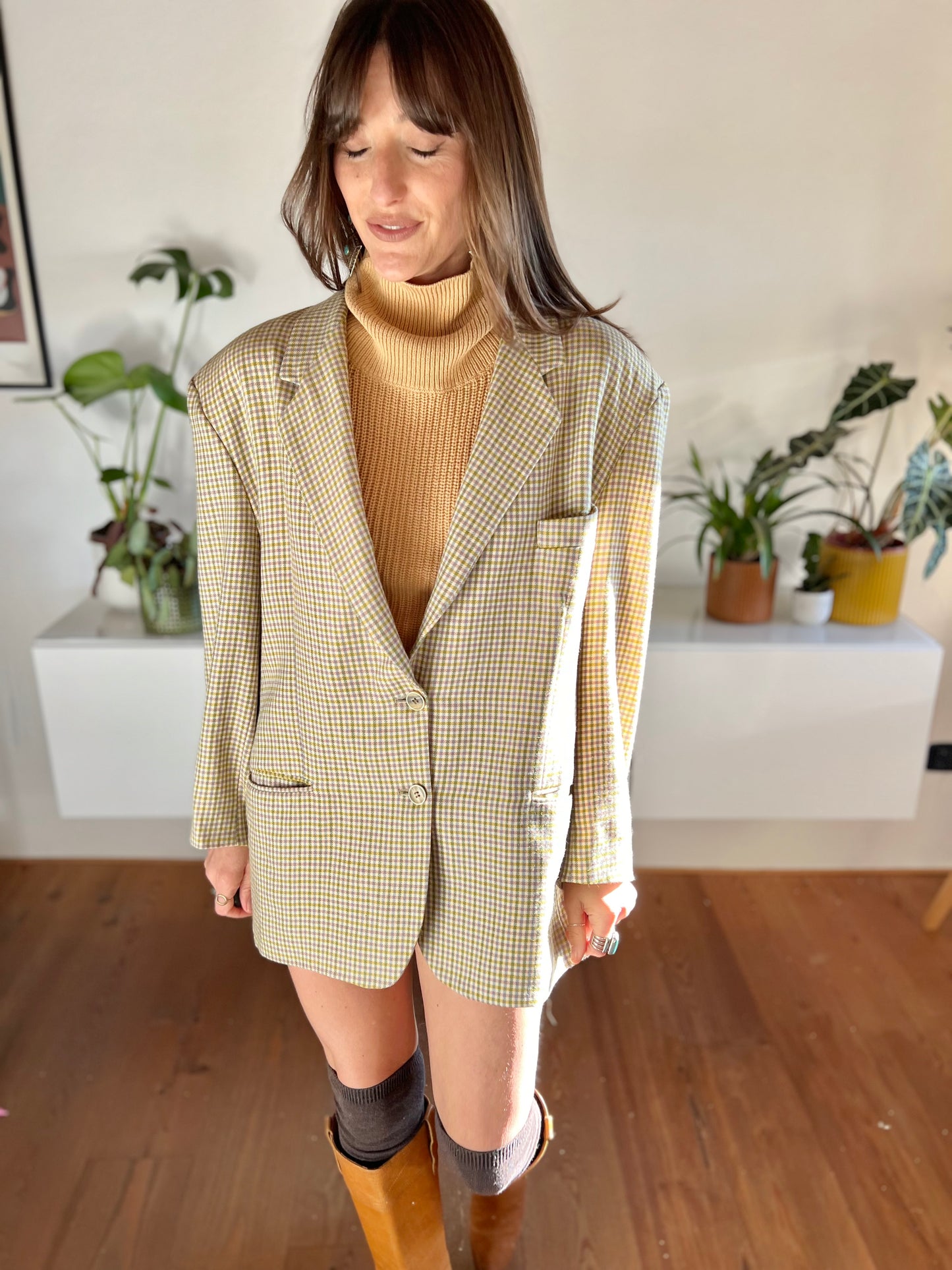1970's vintage mint and pink oversize plaid wool blazer