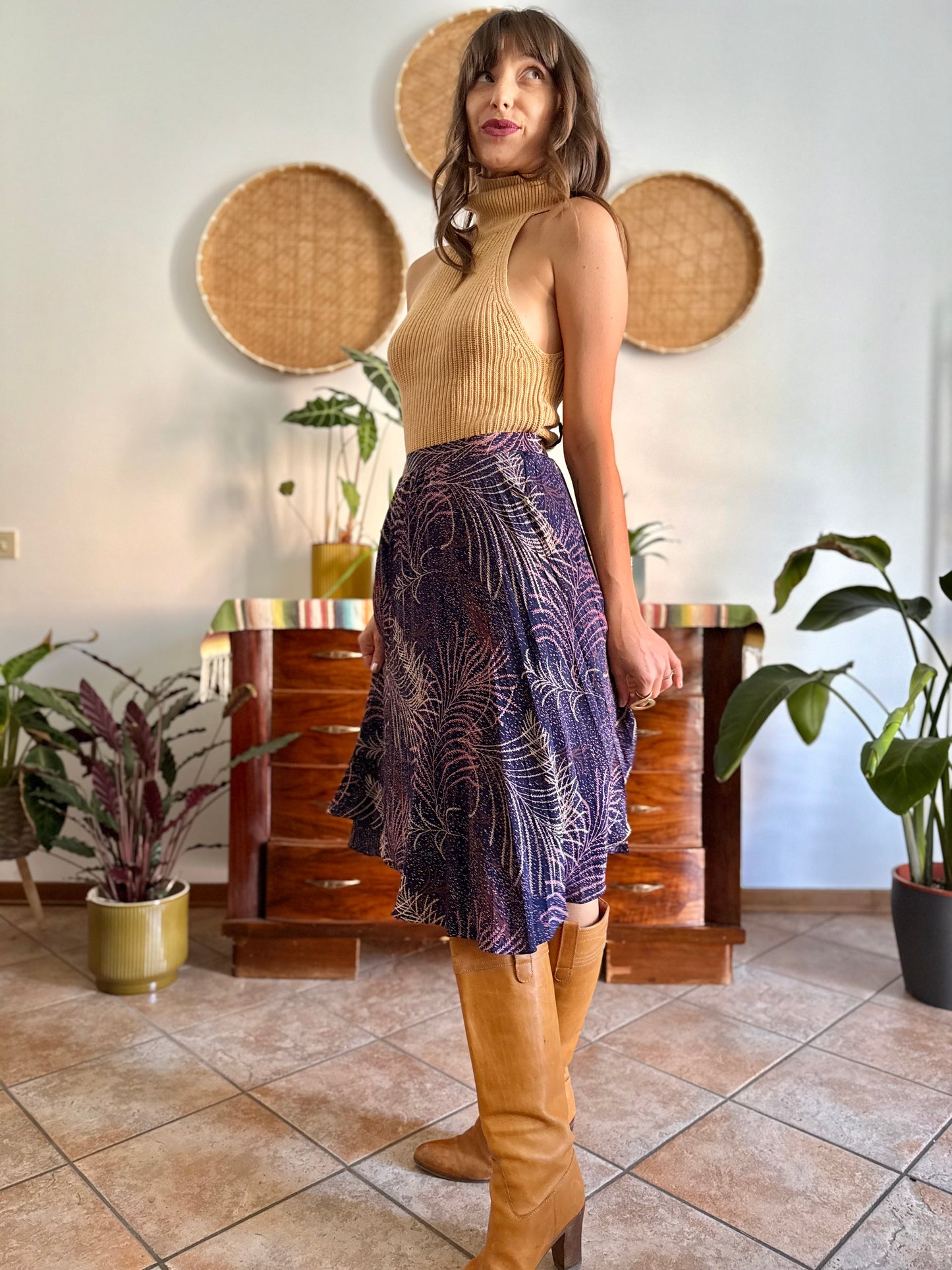 1970's vintage navy blue silk skirt with pink and cream abstract print