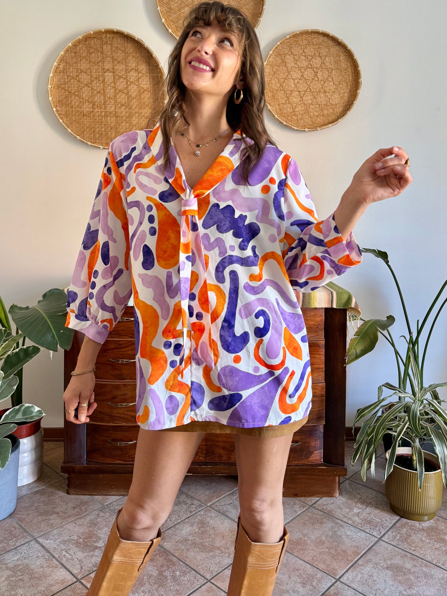 1970's vintage purple, orange and cream abstract print tie neck blouse