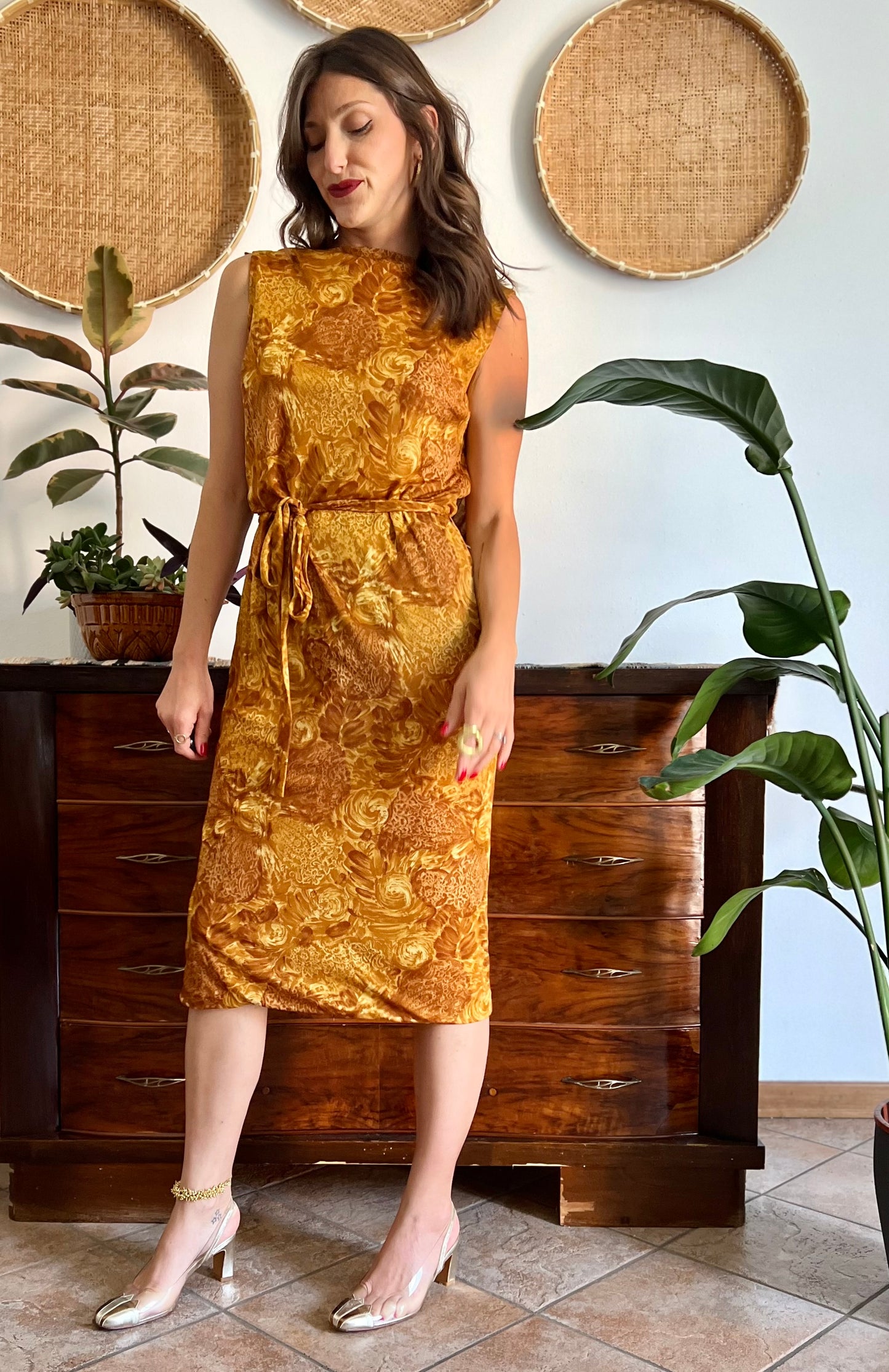 1960's vintage tan and mustard yellow floral print midi dress with cowl back