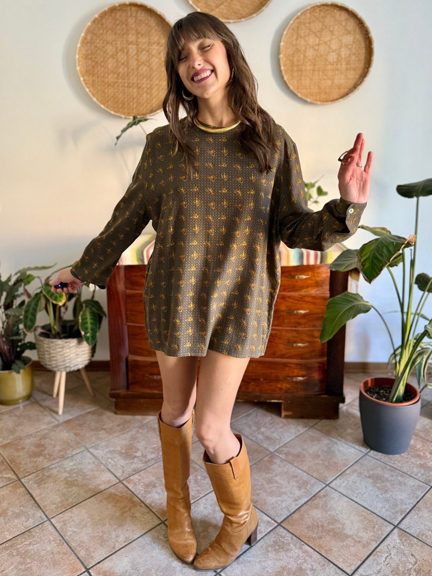 1970’s vintage Emporio Armani dark green, navy and burgundy duck print shirt dress