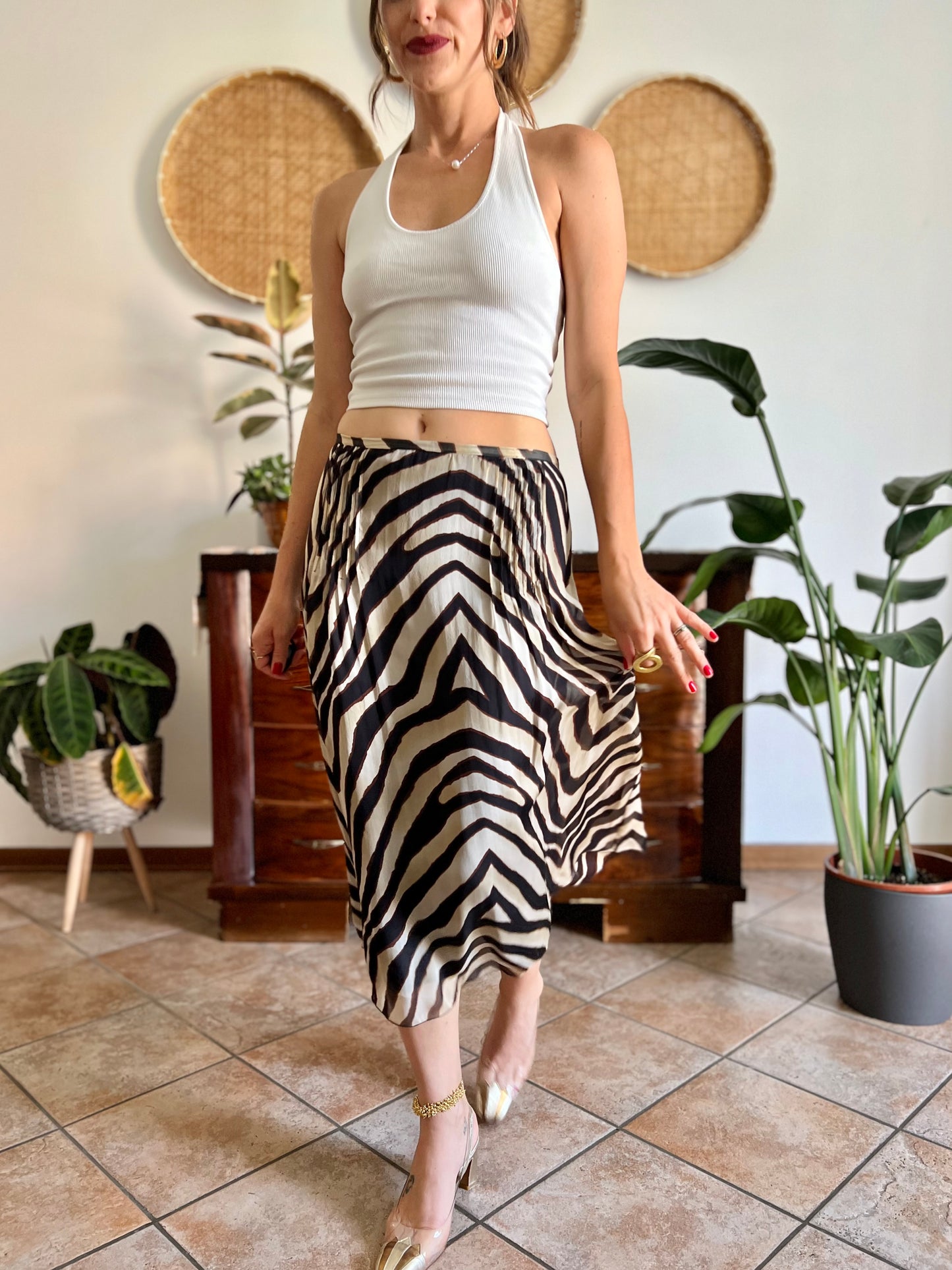 1990's vintage zebra print low waisted silk midi skirt