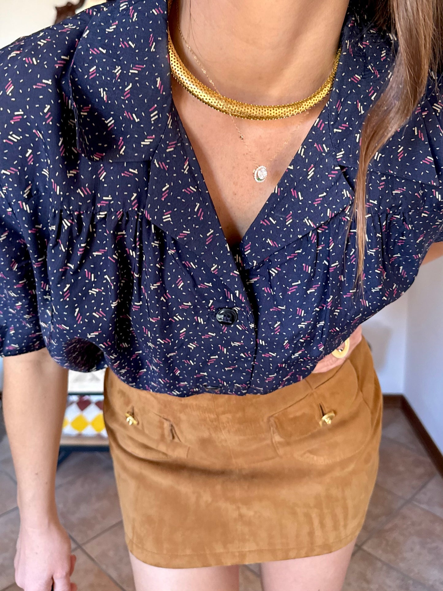 1970's vintage navy blue silk blouse with pink and tan abstract line print
