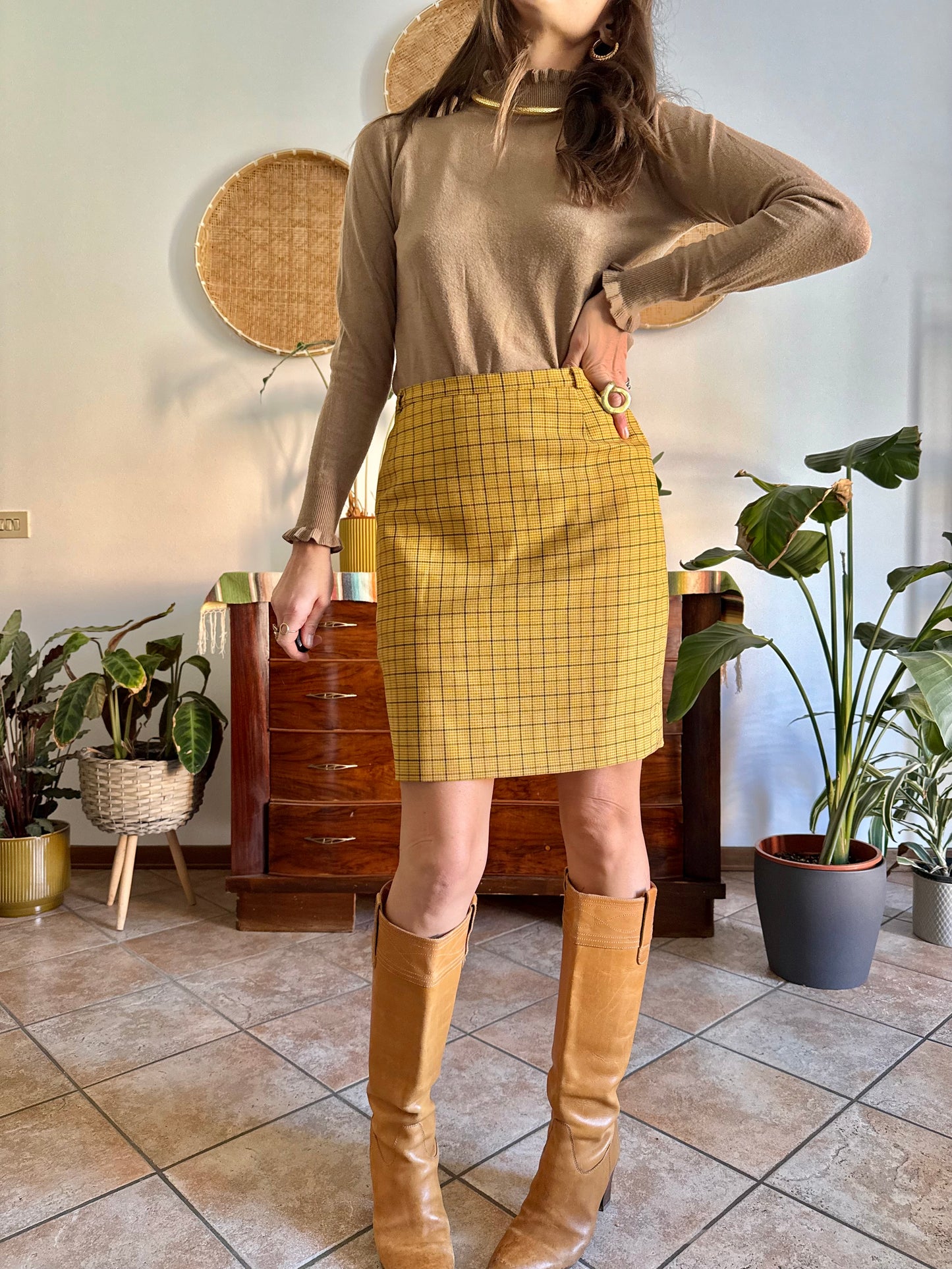 1970’s vintage mustard yellow and grey herringbone mini skirt