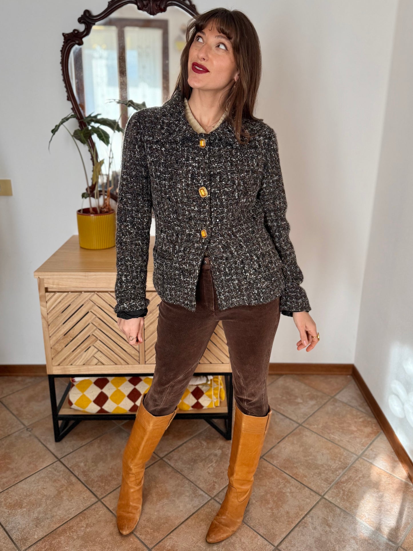 1990’s vintage black, khaki and cream boucle wool with gold and yellow glass buttons