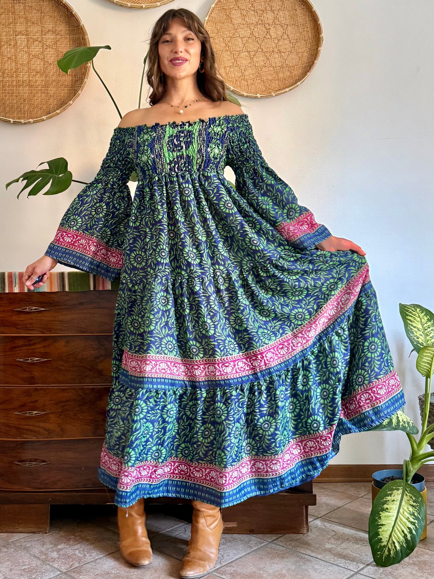 1970’s vintage green, blue and pink silk floral prairie maxi dress with bell sleeves
