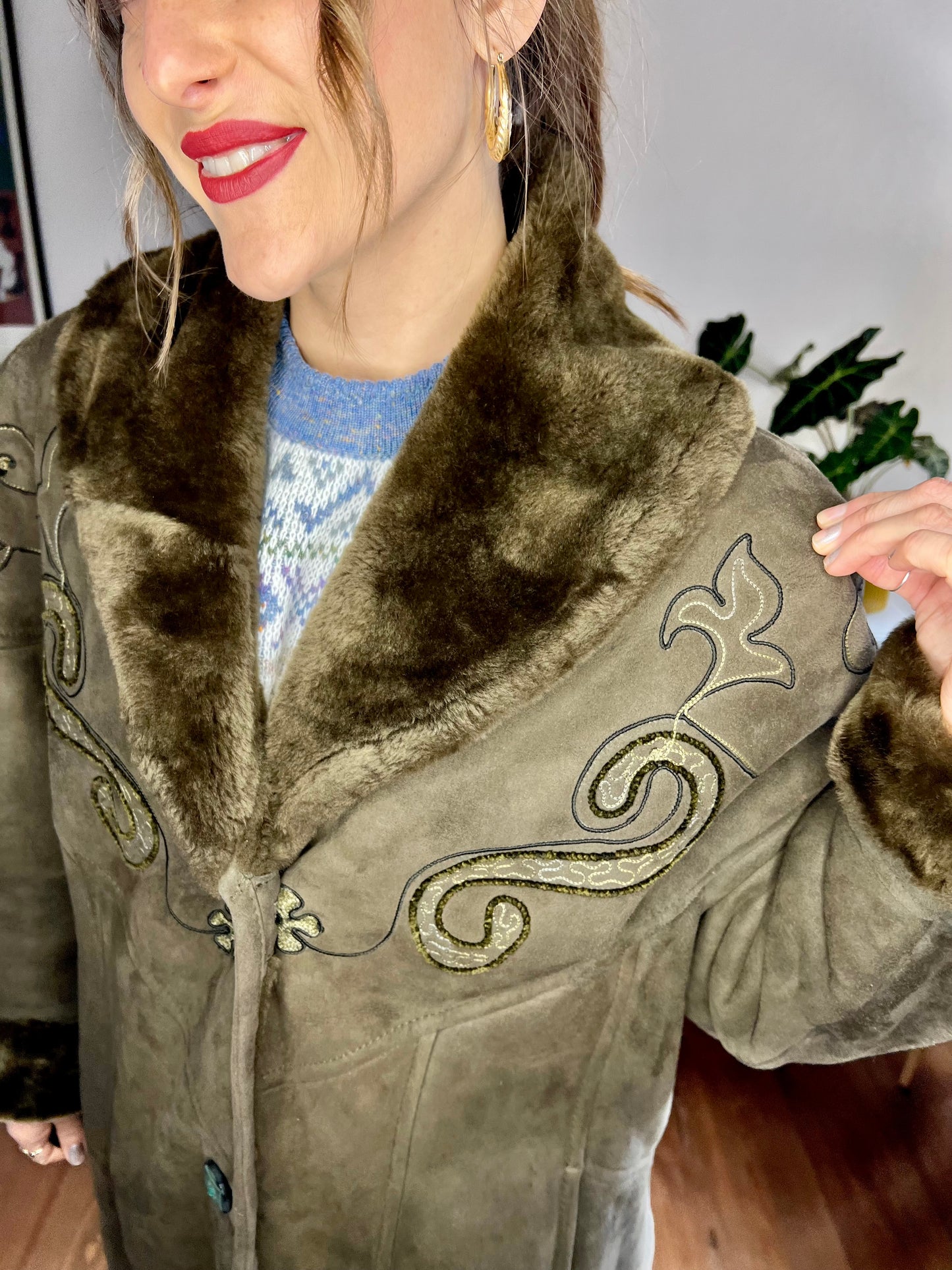 1970's vintage brown embroidered shearling coat