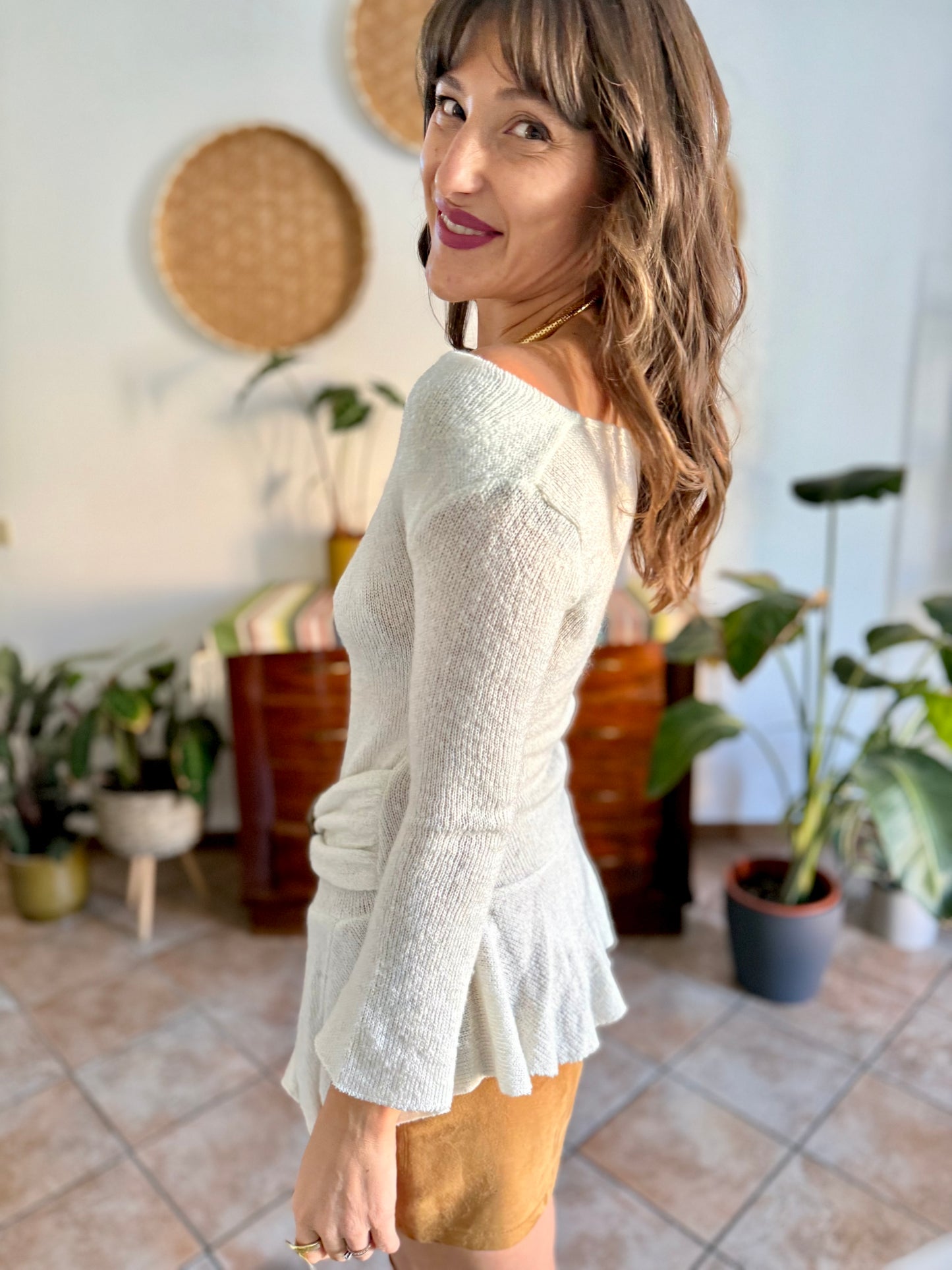 Y2K vintage asymmetrical cream mohair blend knit pullover with belt detail