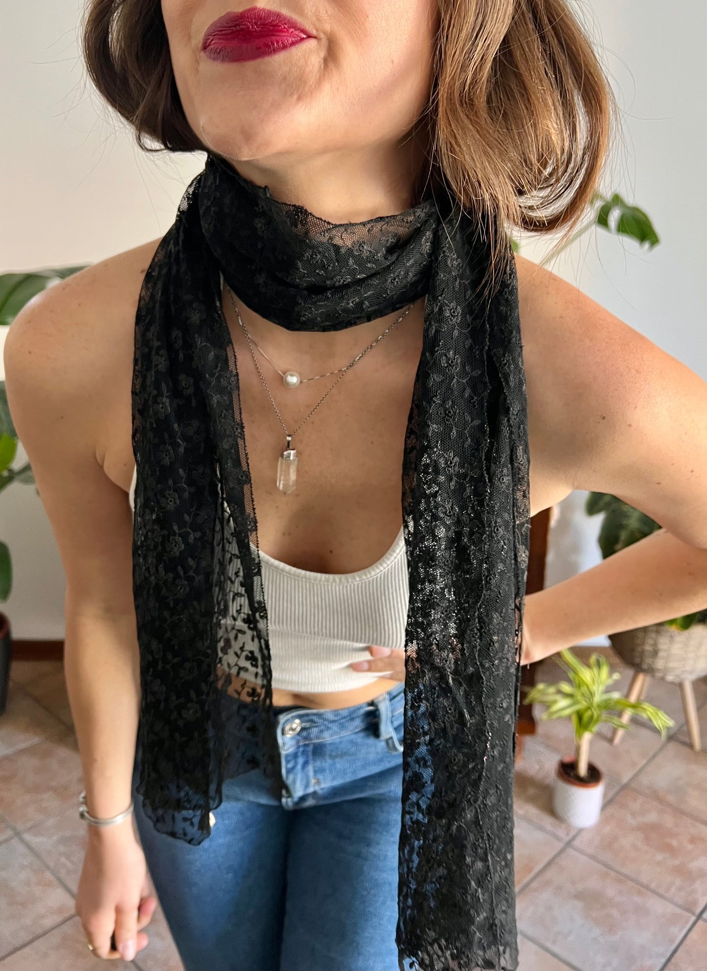 1950's vintage hand made black lace scarf