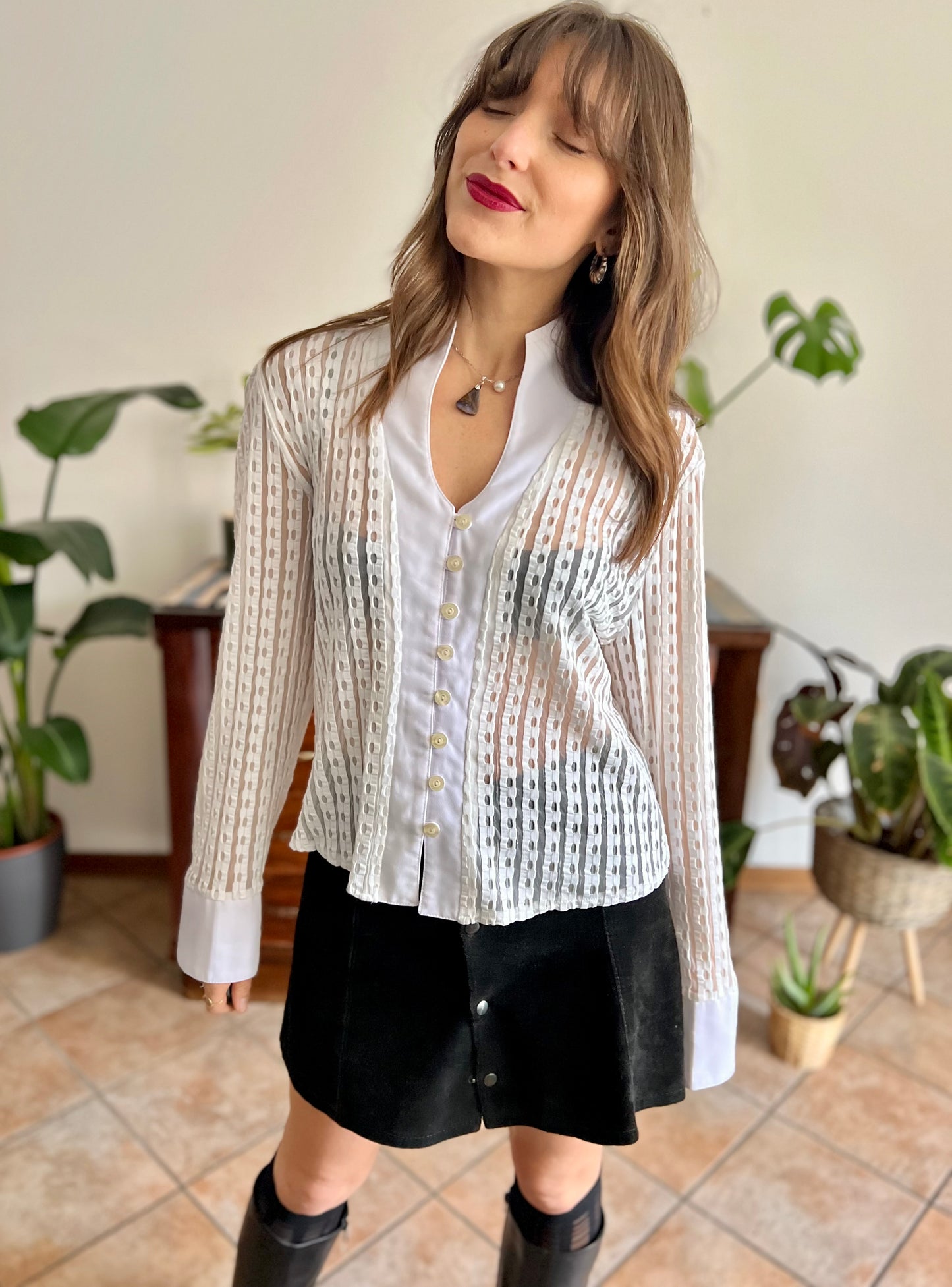 1970's vintage white and cream sheer textured blouse