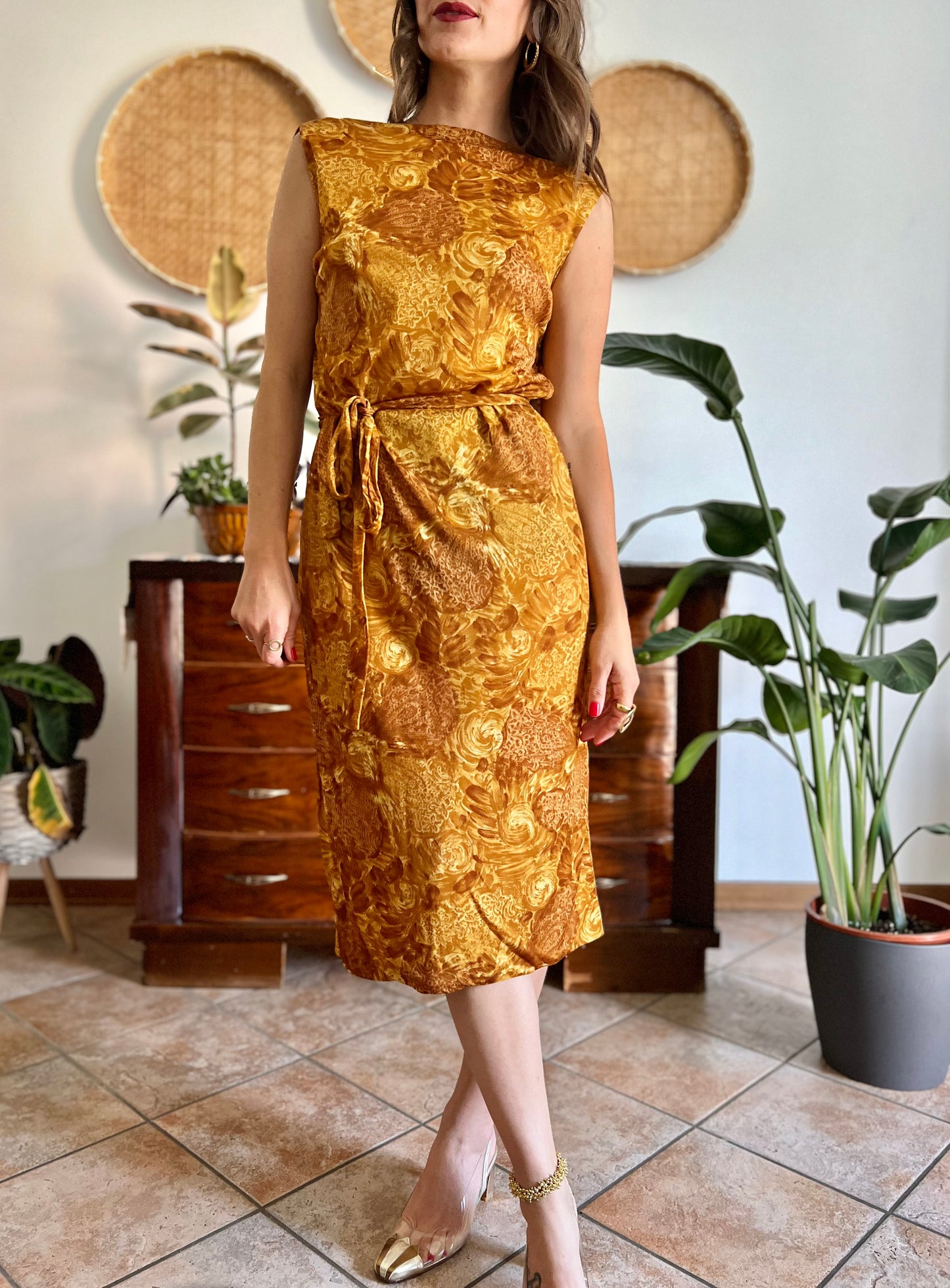 1960's vintage tan and mustard yellow floral print midi dress with cowl back