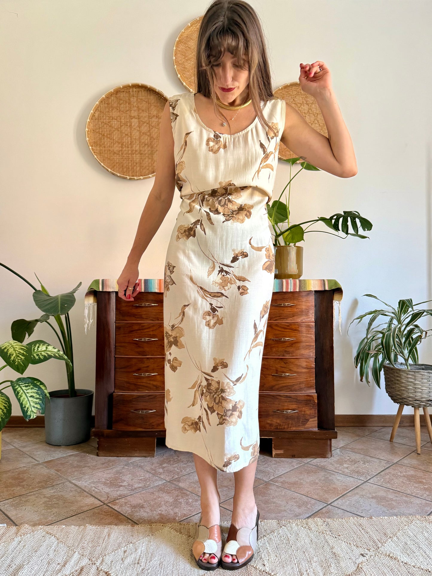 1990's vintage beige floral maxi dress with chocolate brown floral print