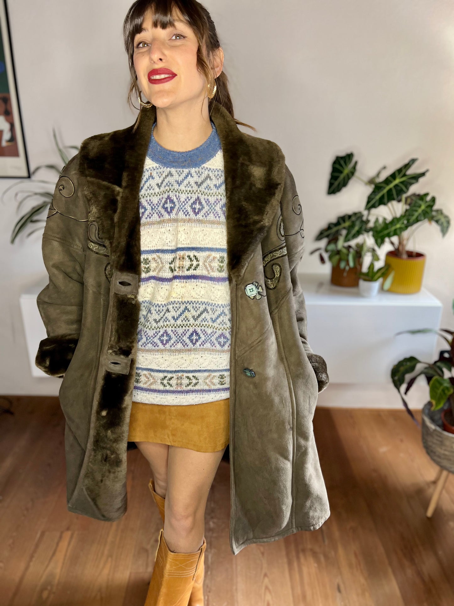 1970's vintage brown embroidered shearling coat
