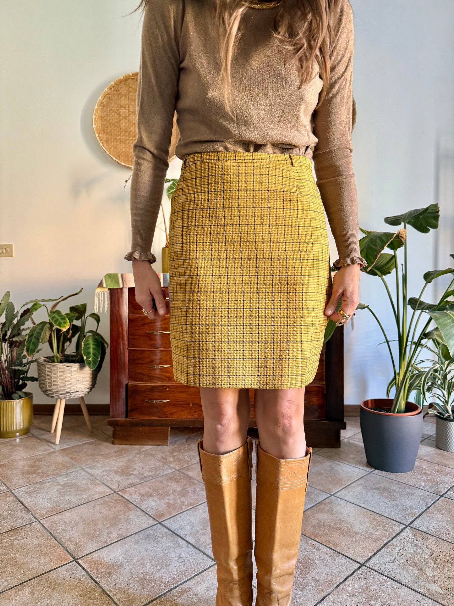 1970’s vintage mustard yellow and grey herringbone mini skirt