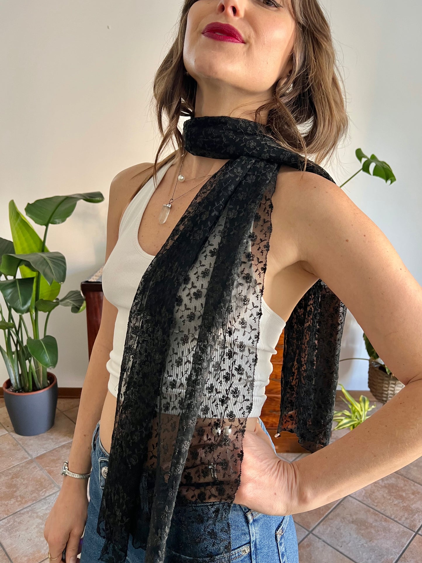 1950's vintage hand made black lace scarf