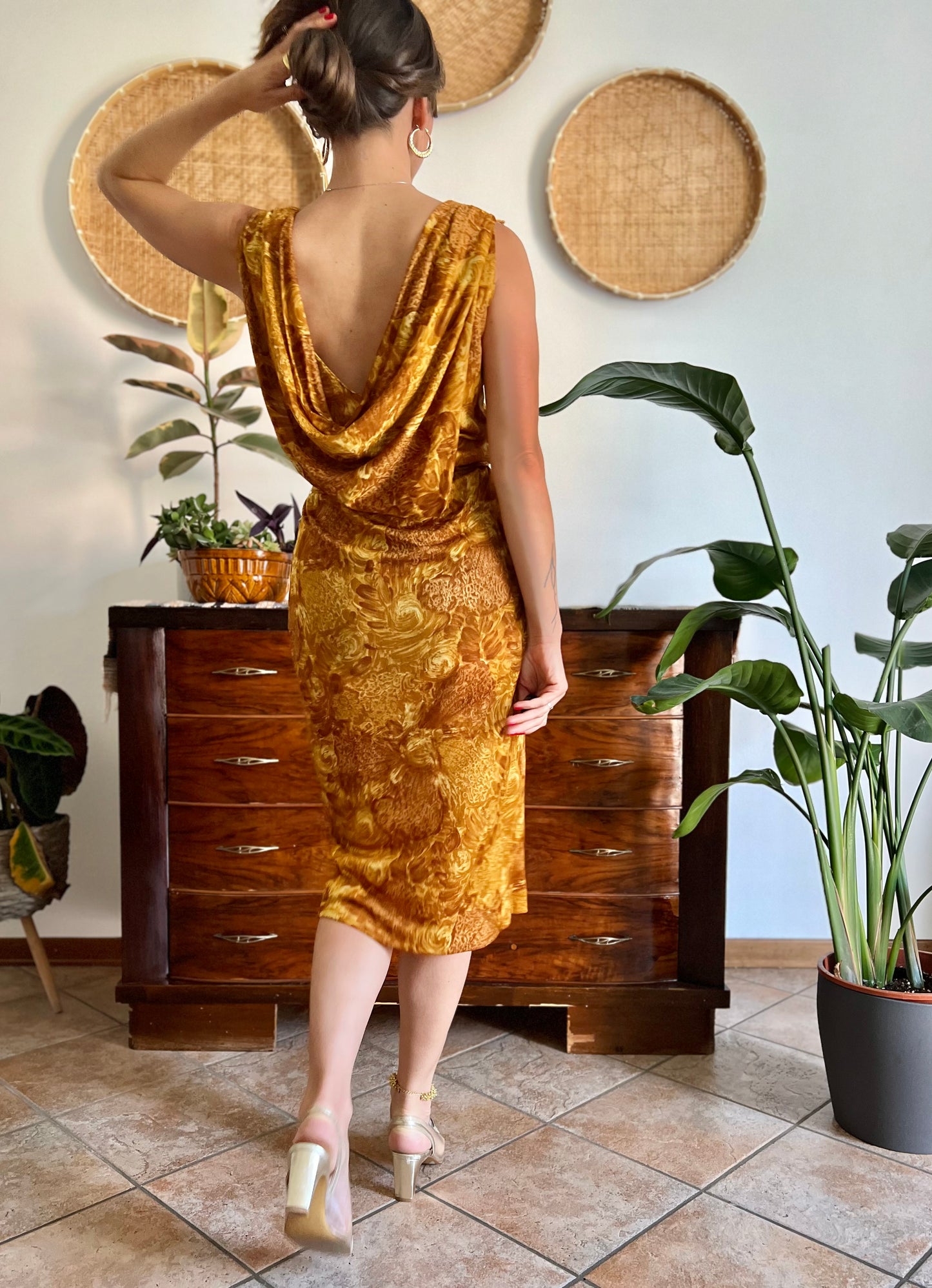 1960's vintage tan and mustard yellow floral print midi dress with cowl back