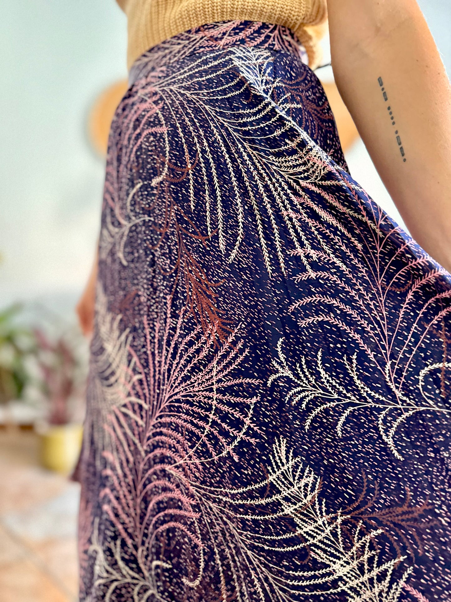 1970's vintage navy blue silk skirt with pink and cream abstract print