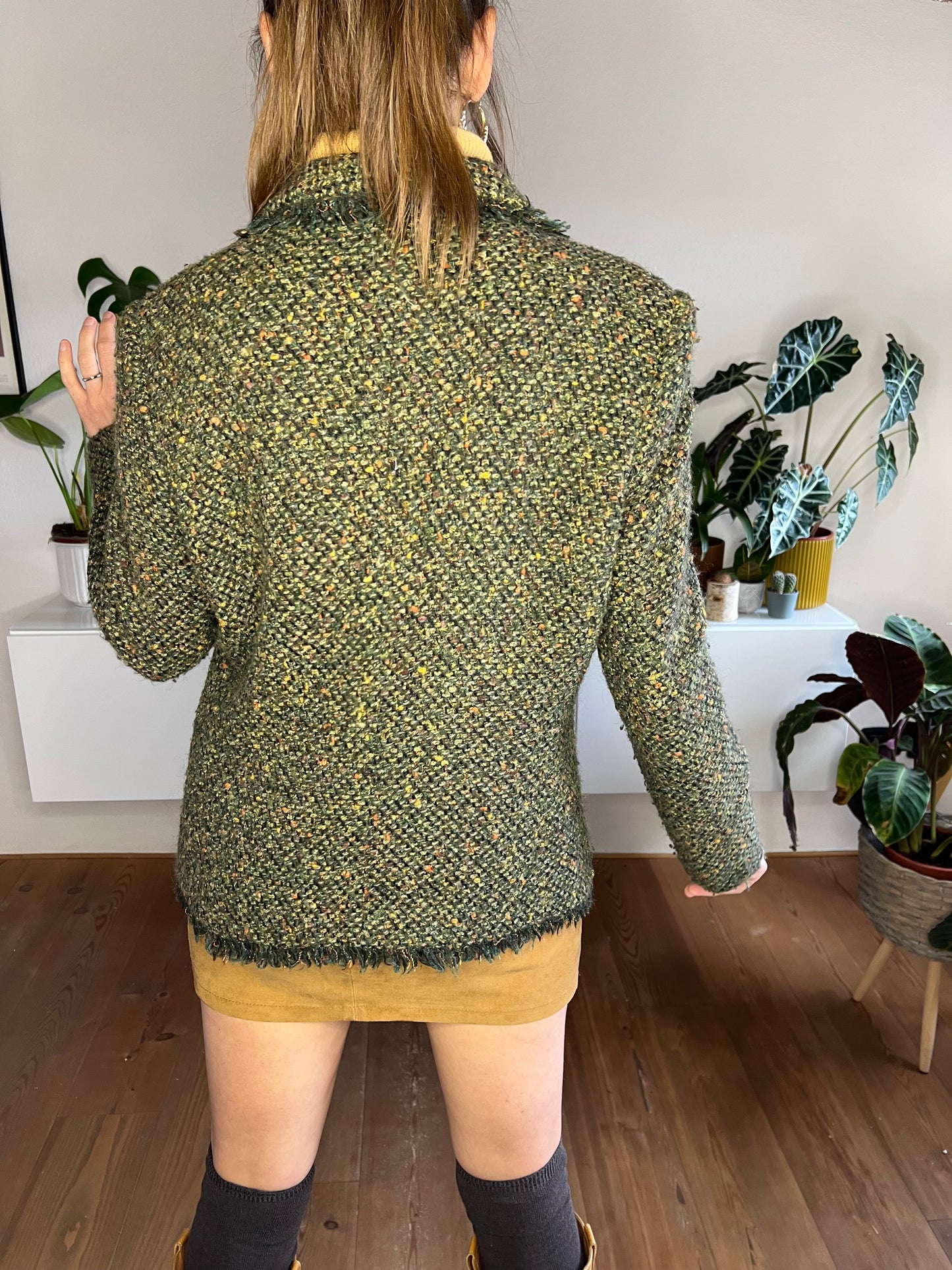 1970's vintage green wool blend green boucle blazer with fringe detail
