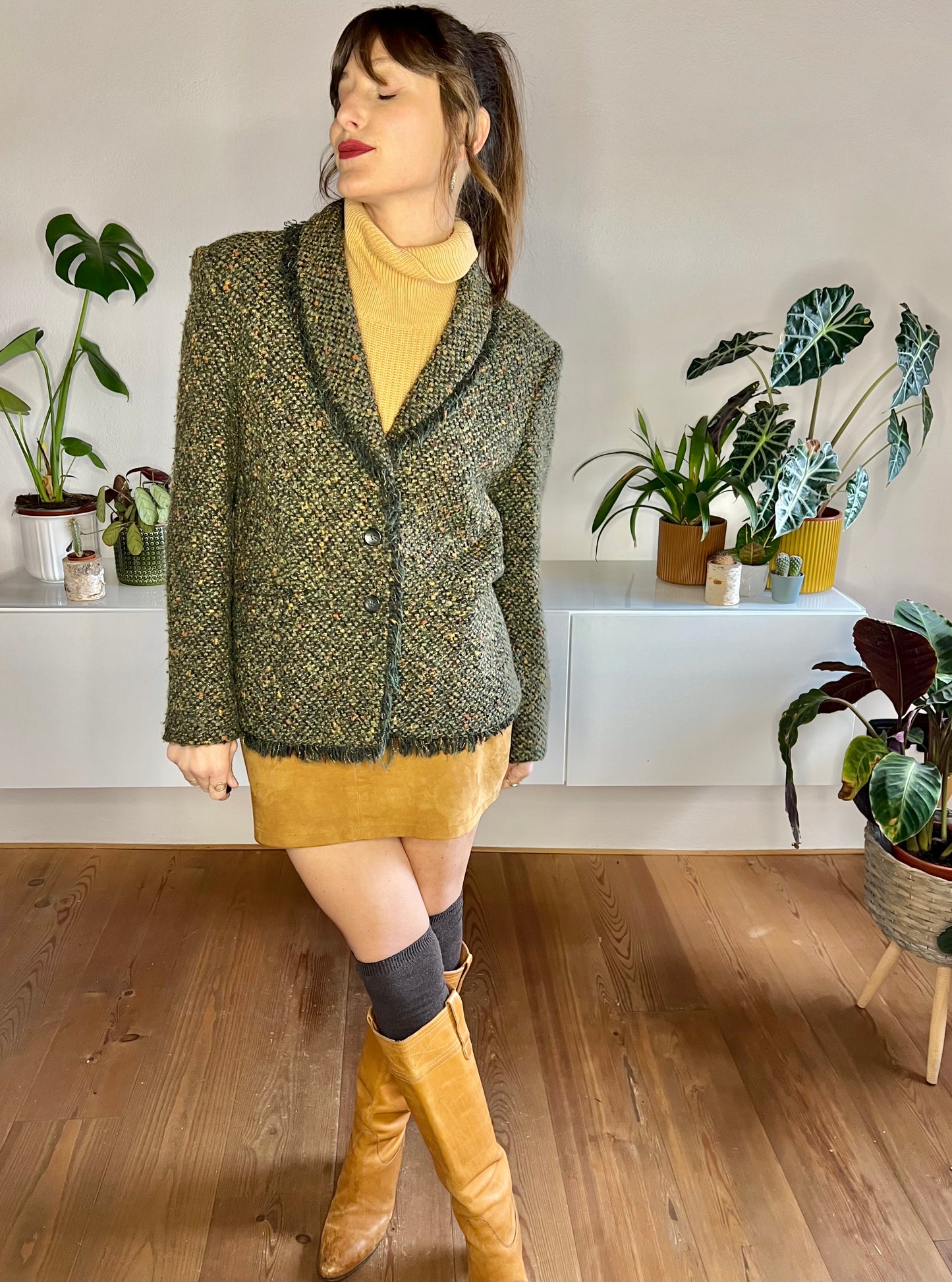 1970's vintage green wool blend green boucle blazer with fringe detail