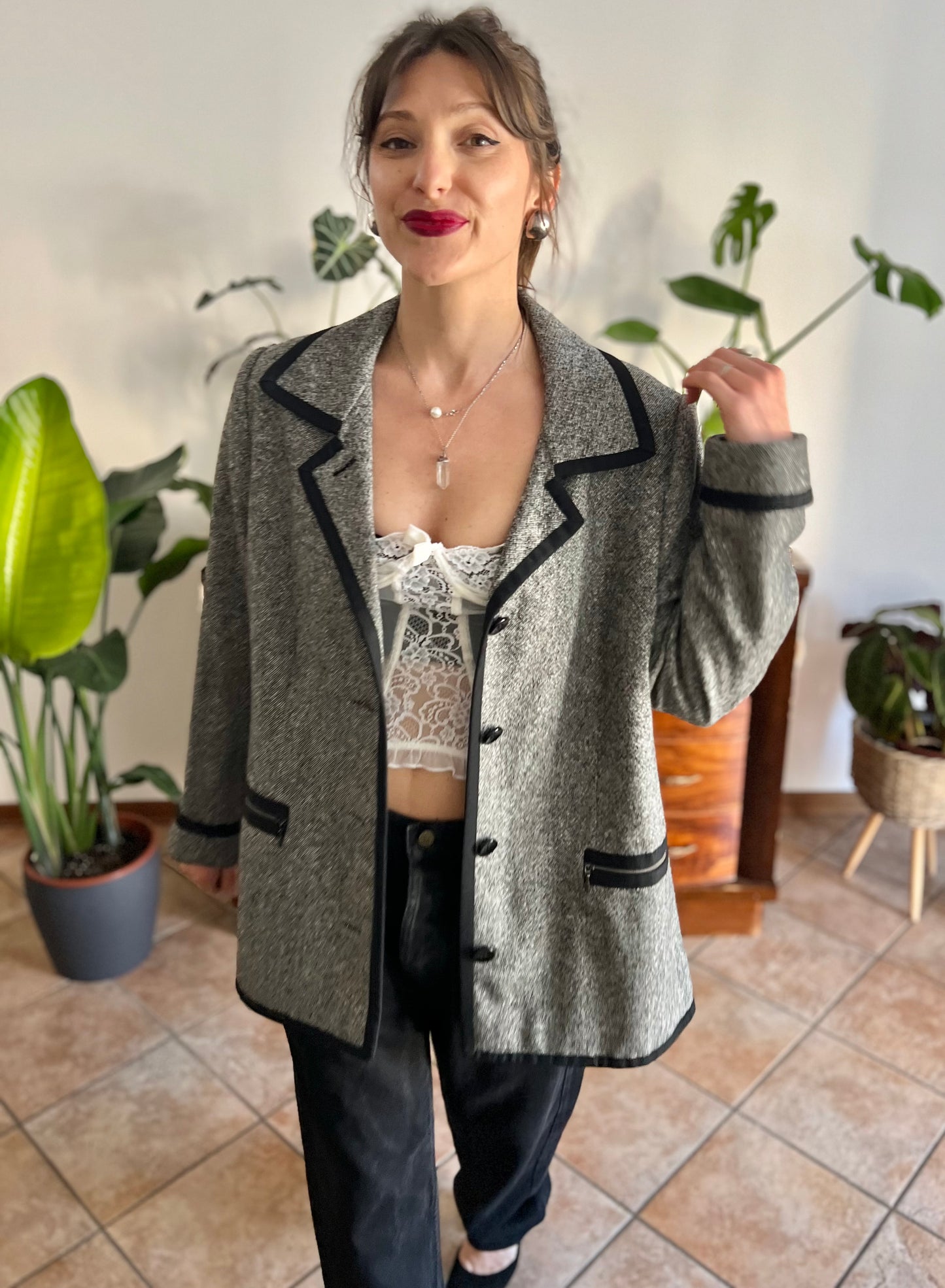 1990's vintage grey tweed oversize blazer with black trim