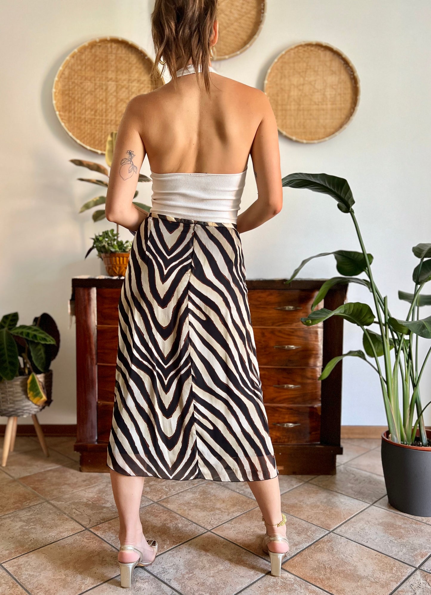 1990's vintage zebra print low waisted silk midi skirt