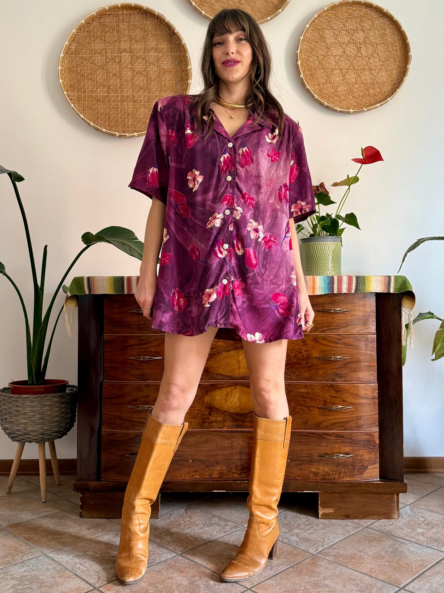 1980’s vintage fucsia and purple multi tonal floral shirt dress